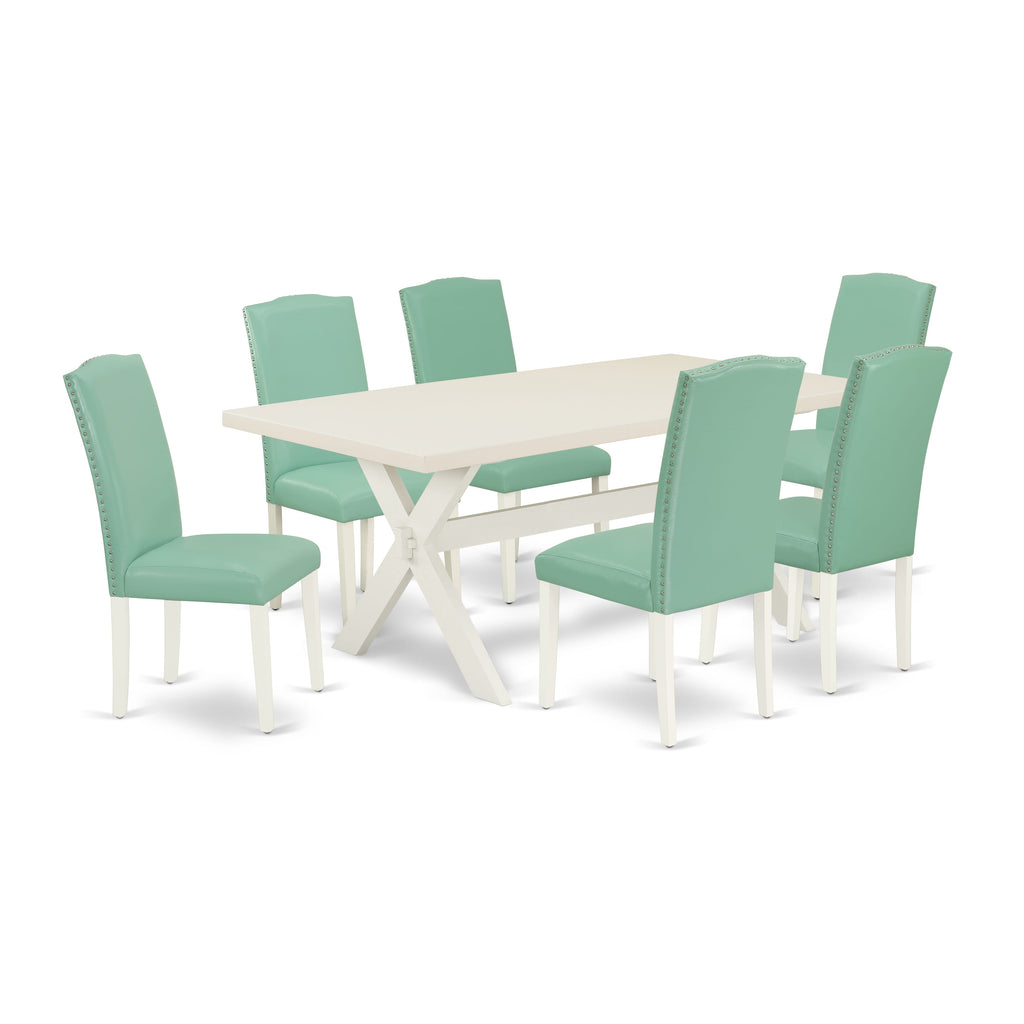 East West Furniture X027EN257-7 7 Piece Kitchen Table Set Consist of a Rectangle Dining Table with X-Legs and 6 Pond Faux Leather Parsons Dining Chairs
