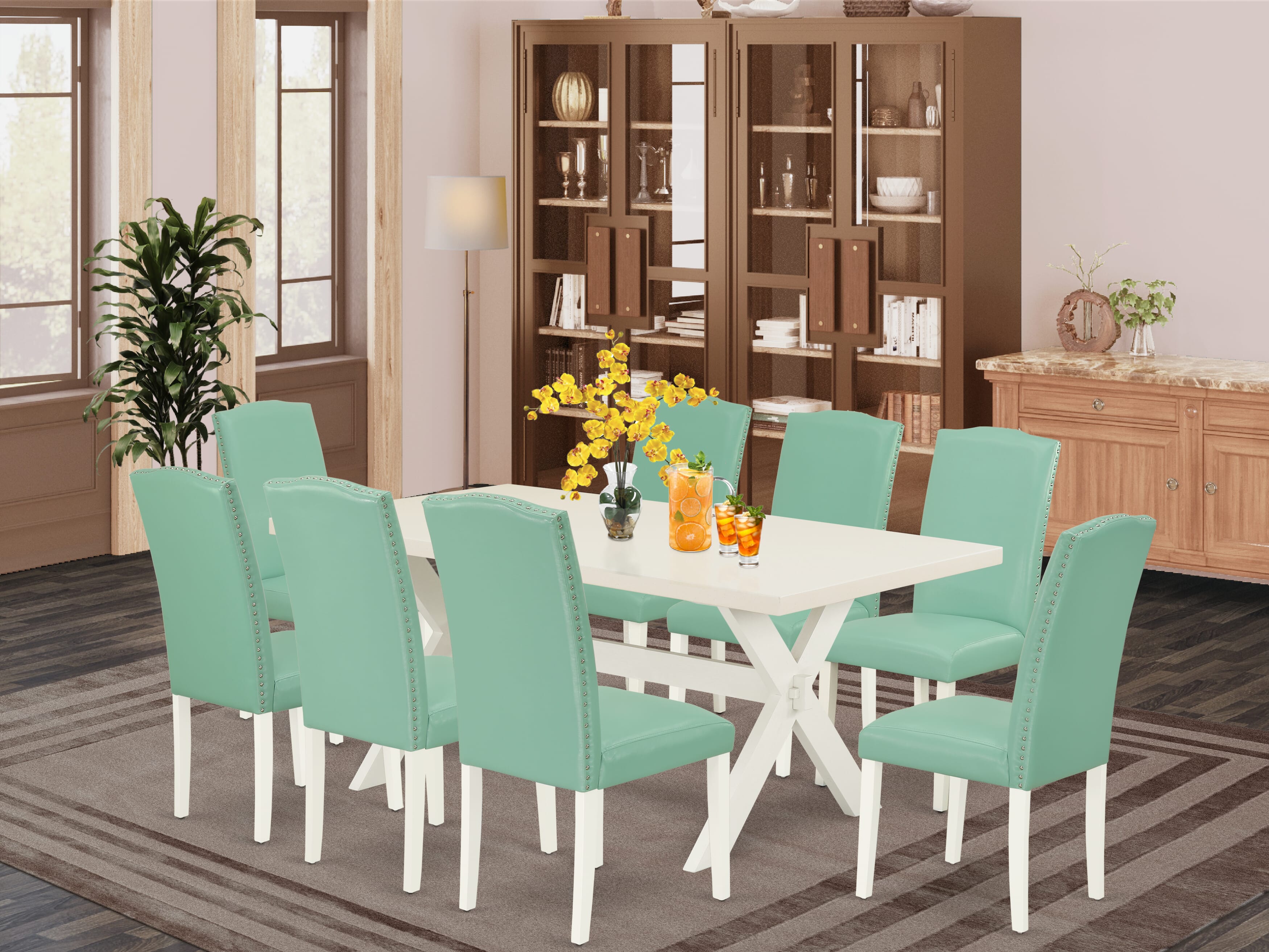 East West Furniture X027EN257-9 9-Pc a Beautiful linen white Dining room Table top and 8 Beautiful Dining chairs with Nail Heads and Stylish, linen white Finish
