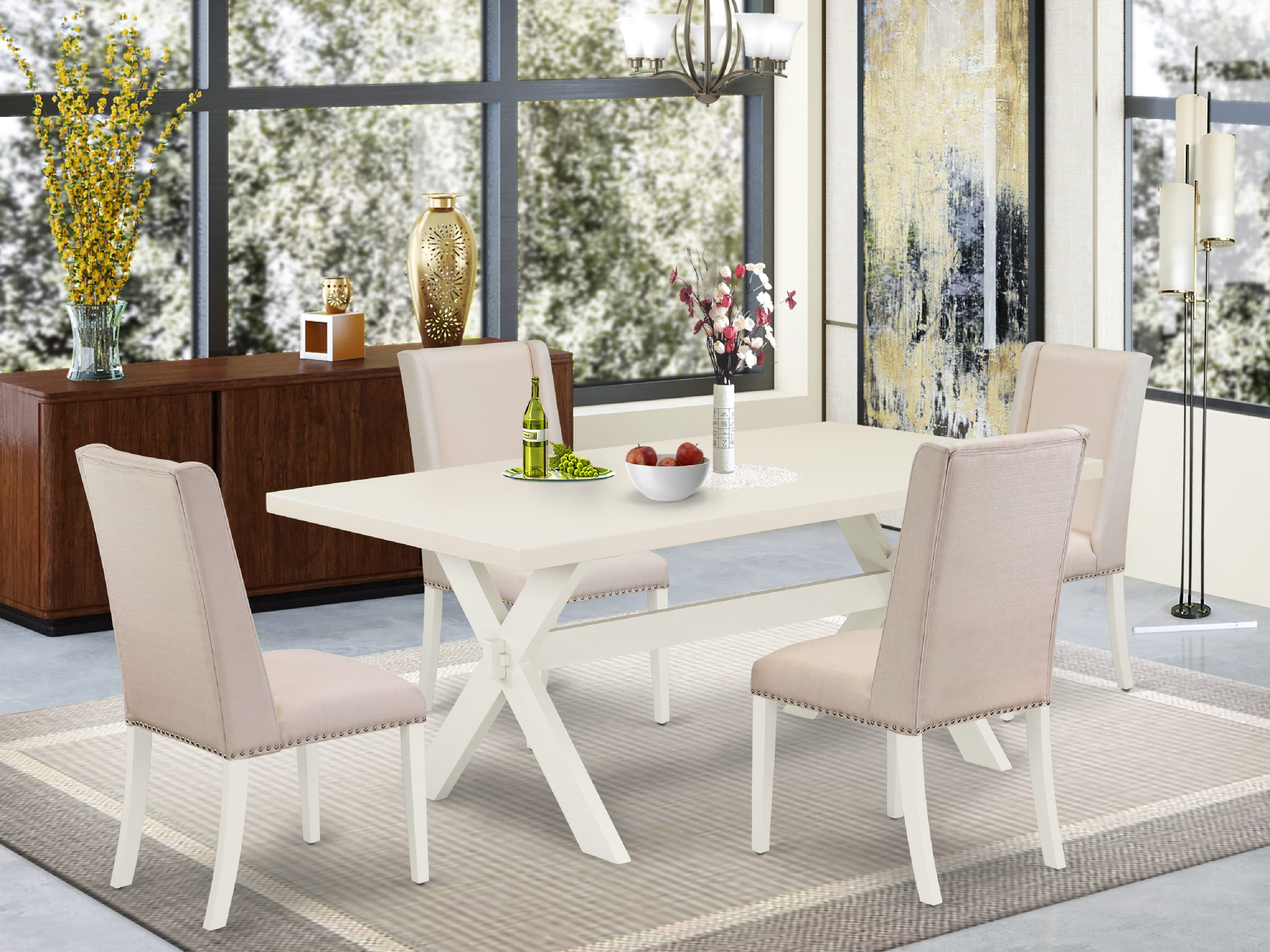 East West Furniture X027FL201-5 5-Piece Kitchen Dining Table SetIncluded 4 Kitchen Dining Chairs Upholstered Nails Head Seat and Stylish Chair Back and Rectangular Wood Dining room Table with linen white rectangular Dining Table top (linen white Finish)