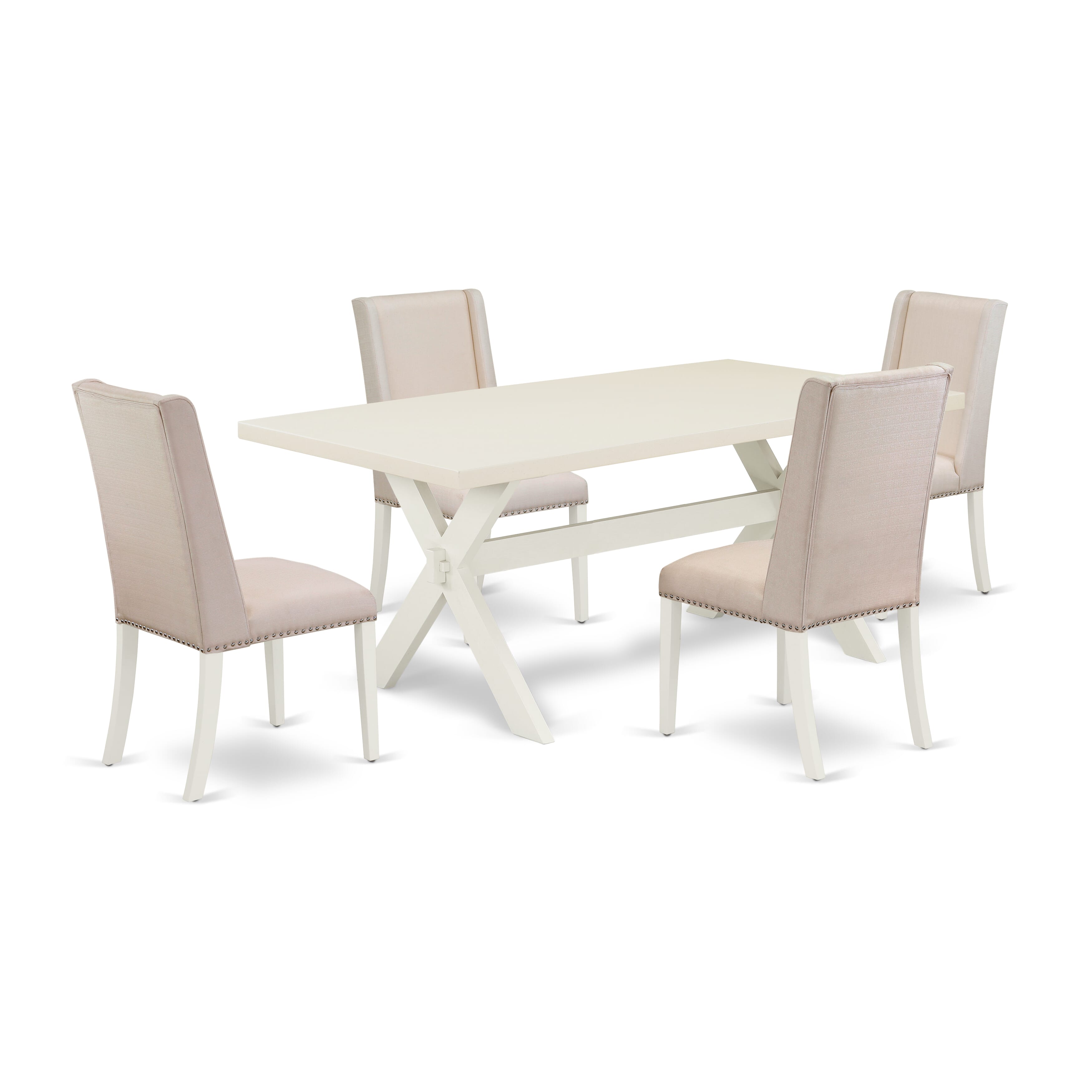 East West Furniture X027FL201-5 5-Piece Kitchen Dining Table SetIncluded 4 Kitchen Dining Chairs Upholstered Nails Head Seat and Stylish Chair Back and Rectangular Wood Dining room Table with linen white rectangular Dining Table top (linen white Finish)