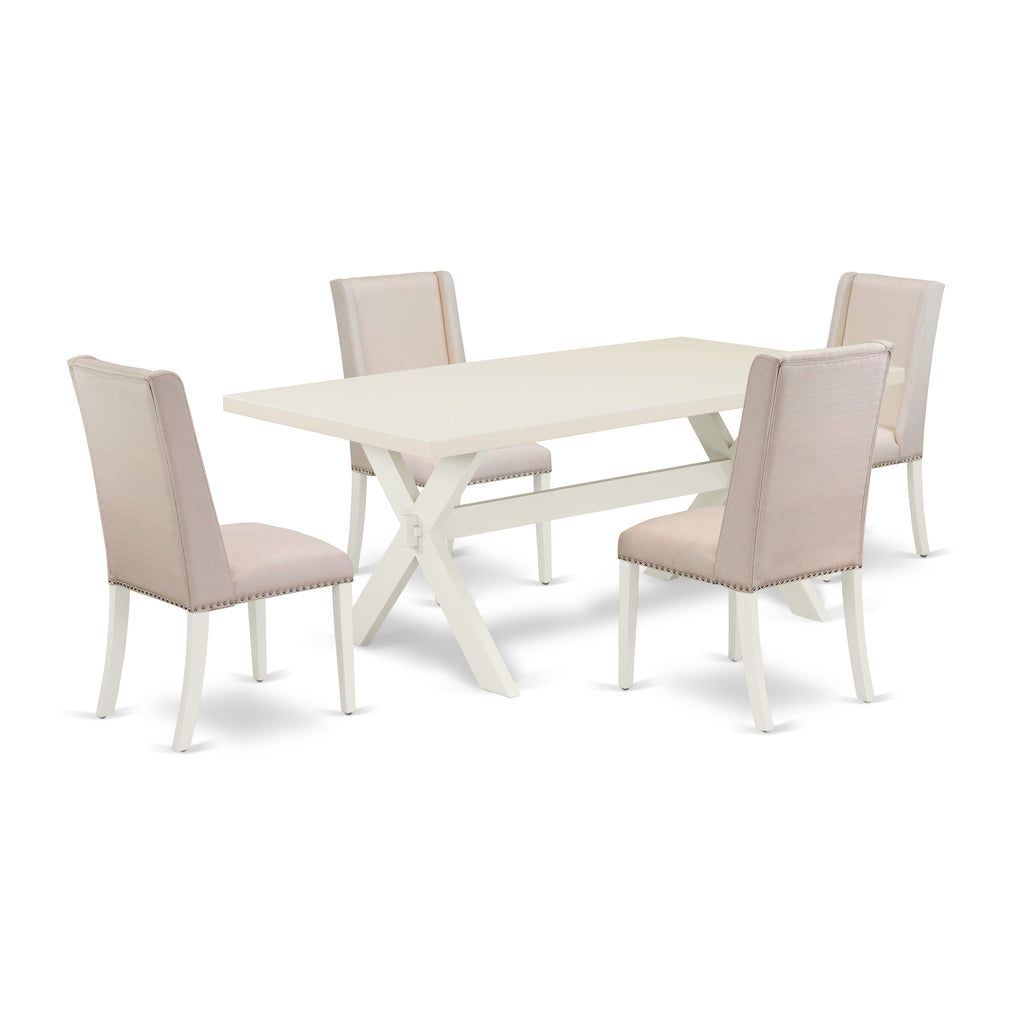 East West Furniture X027FL201-5 5-Piece Kitchen Dining Table SetIncluded 4 Kitchen Dining Chairs Upholstered Nails Head Seat and Stylish Chair Back and Rectangular Wood Dining room Table with linen white rectangular Dining Table top (linen white Finish)