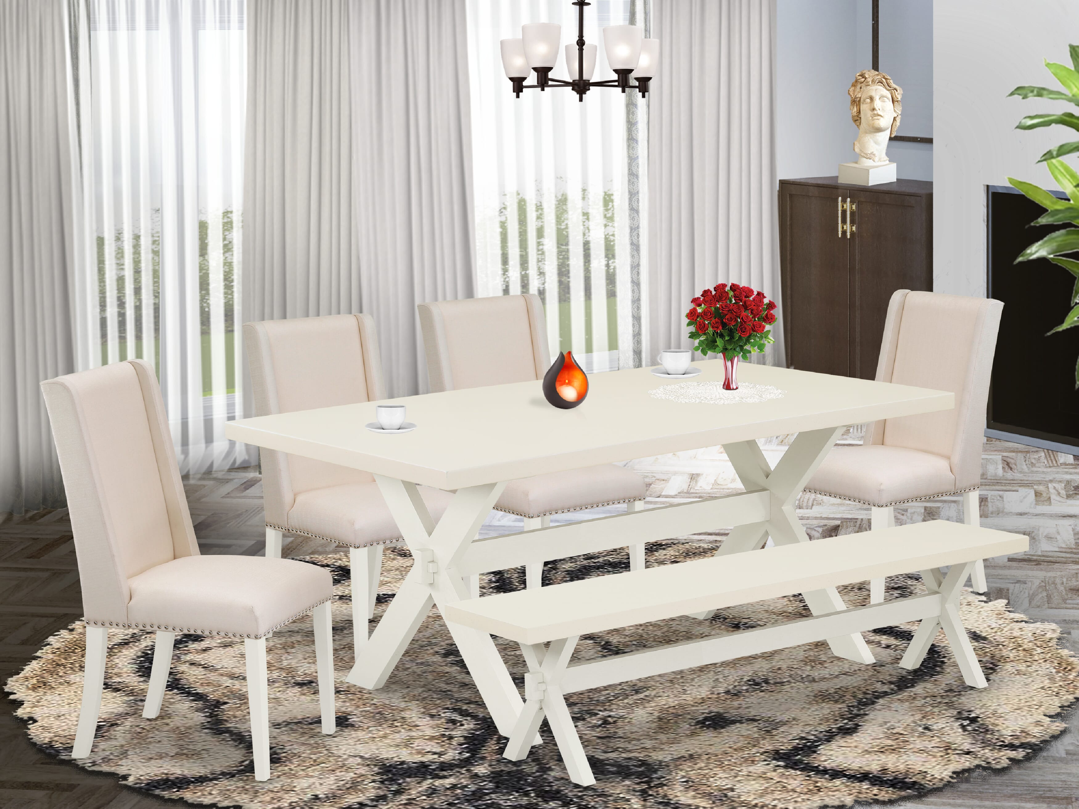 East West Furniture X027FL201-6 6-Piece Kitchen Dining Table Set-Cream Color Linen Fabric Seat and High Stylish Chair Back kitchen chairs, a Rectangular Bench and Rectangular top Kitchen Table with Wooden Legs - linen white and linen white Finish