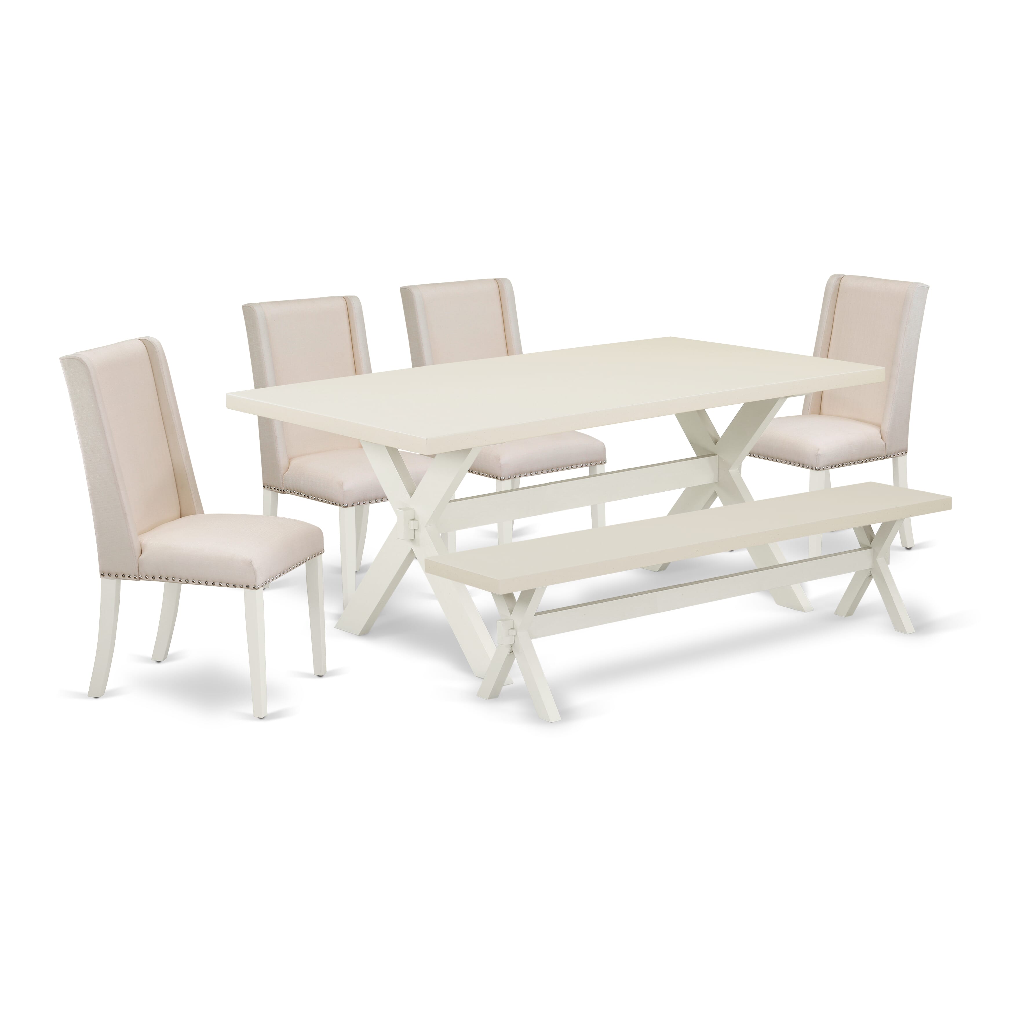 East West Furniture X027FL201-6 6-Piece Kitchen Dining Table Set-Cream Color Linen Fabric Seat and High Stylish Chair Back kitchen chairs, a Rectangular Bench and Rectangular top Kitchen Table with Wooden Legs - linen white and linen white Finish