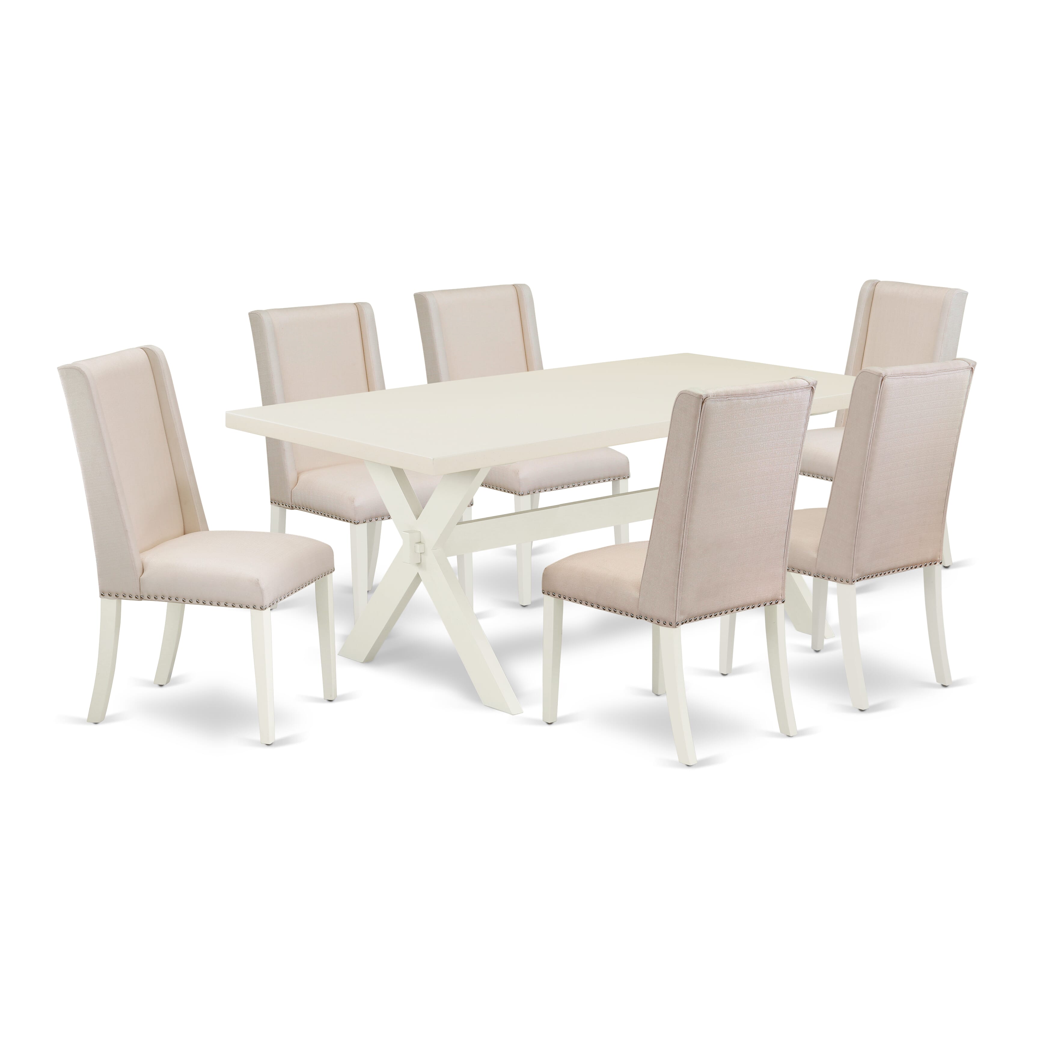East West Furniture X027FL201-7 7-Pc Dining room Table Set A Fantastic linen white Small Table top And 6 Fantastic Kitchen chairs With Nail Heads And High Stylish Chair Back, linen white Finish