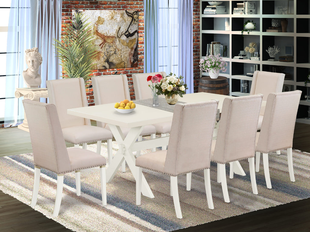 East West Furniture X027FL201-9 9-Pc Dining room Set a Great linen white Dining room Table top and 8 Fantastic Parson Dining Chair with Nail Heads and Curved Back, linen white Finish