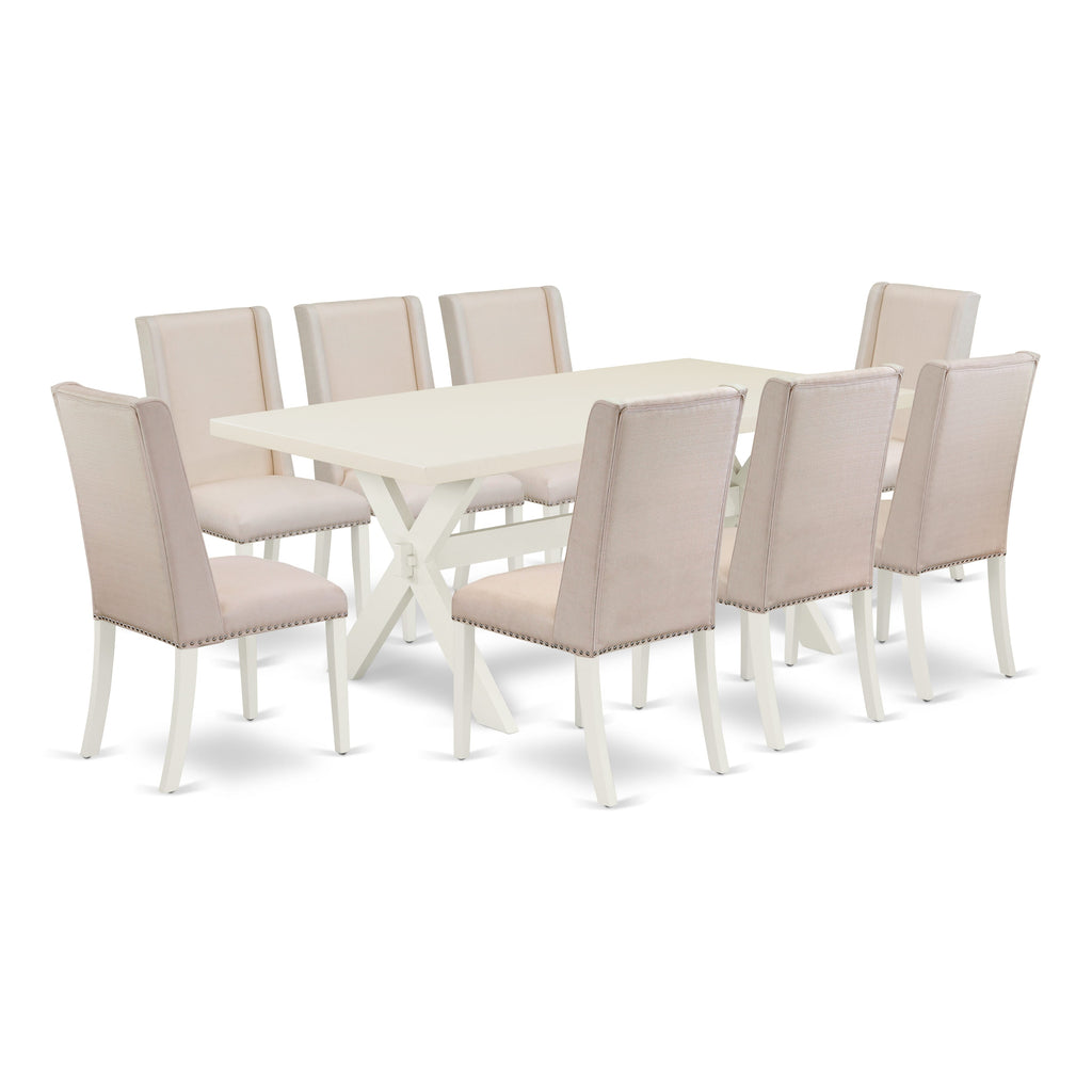 East West Furniture X027FL201-9 9-Pc Dining room Set a Great linen white Dining room Table top and 8 Fantastic Parson Dining Chair with Nail Heads and Curved Back, linen white Finish