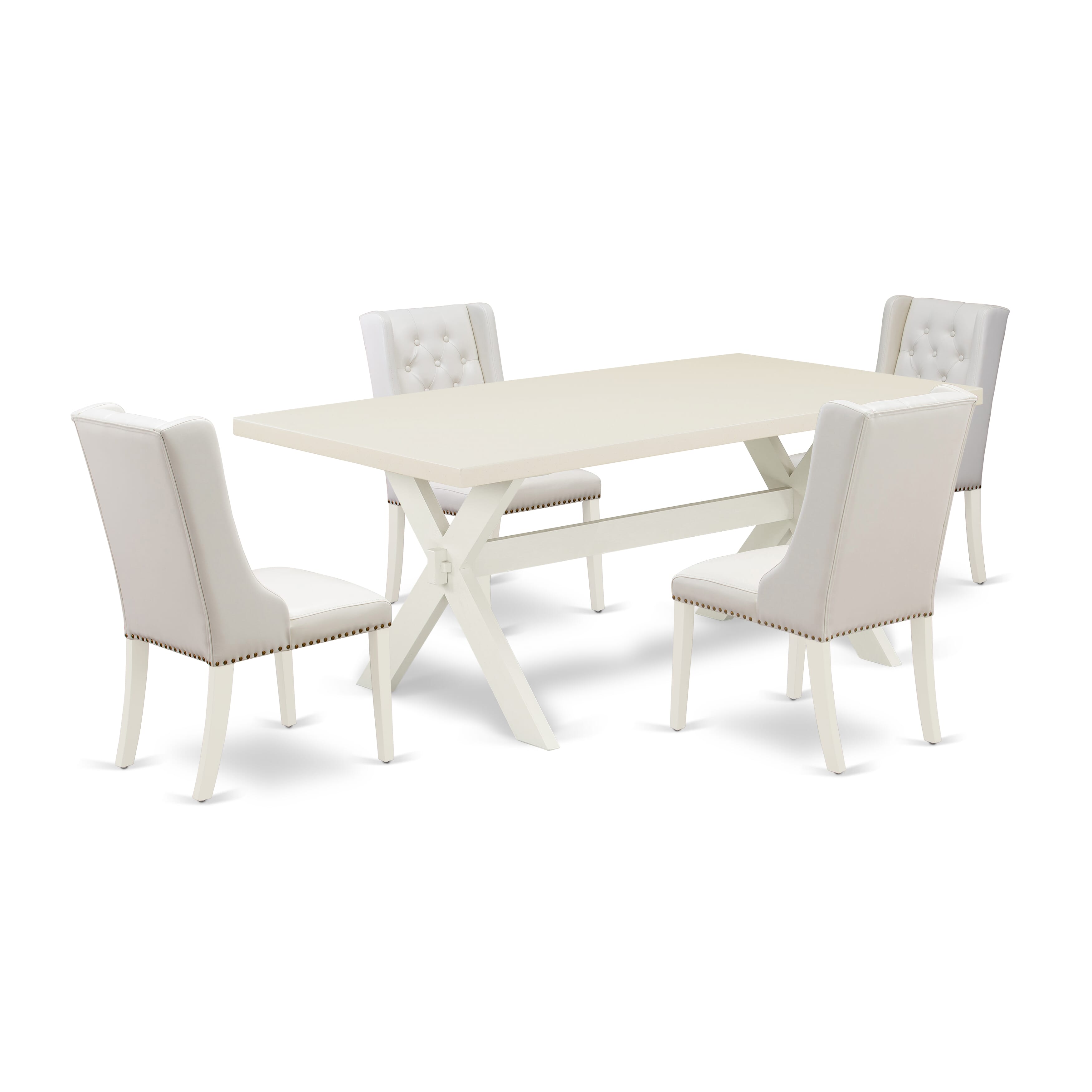 East West Furniture X027FO244-5 5-Pc Dining Set Consists of 4 Linen white Pu faux Leather Dining Chairs Button Tufted with Nail Heads and Rectangular Dining Table - linen white Finish