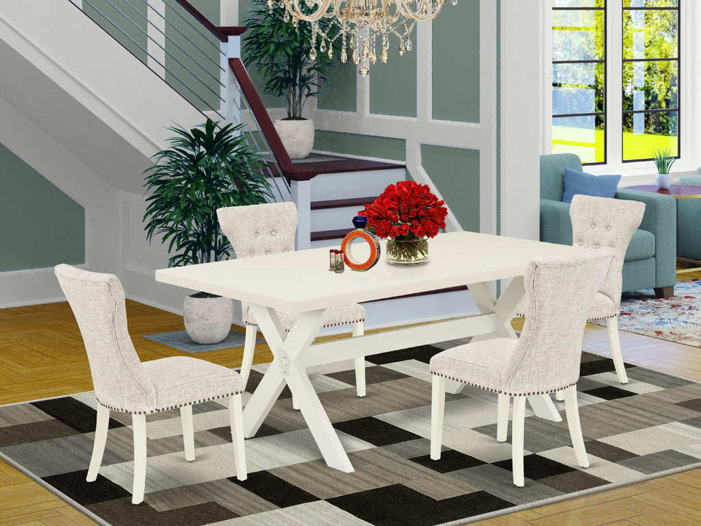 East West Furniture X027GA235-5 5-Pc Dinette Set- 4 Upholstered dining room chairs with Doeskin Linen Fabric Seat and Button Tufted Chair Back - Dining Room Table - linen white Finish