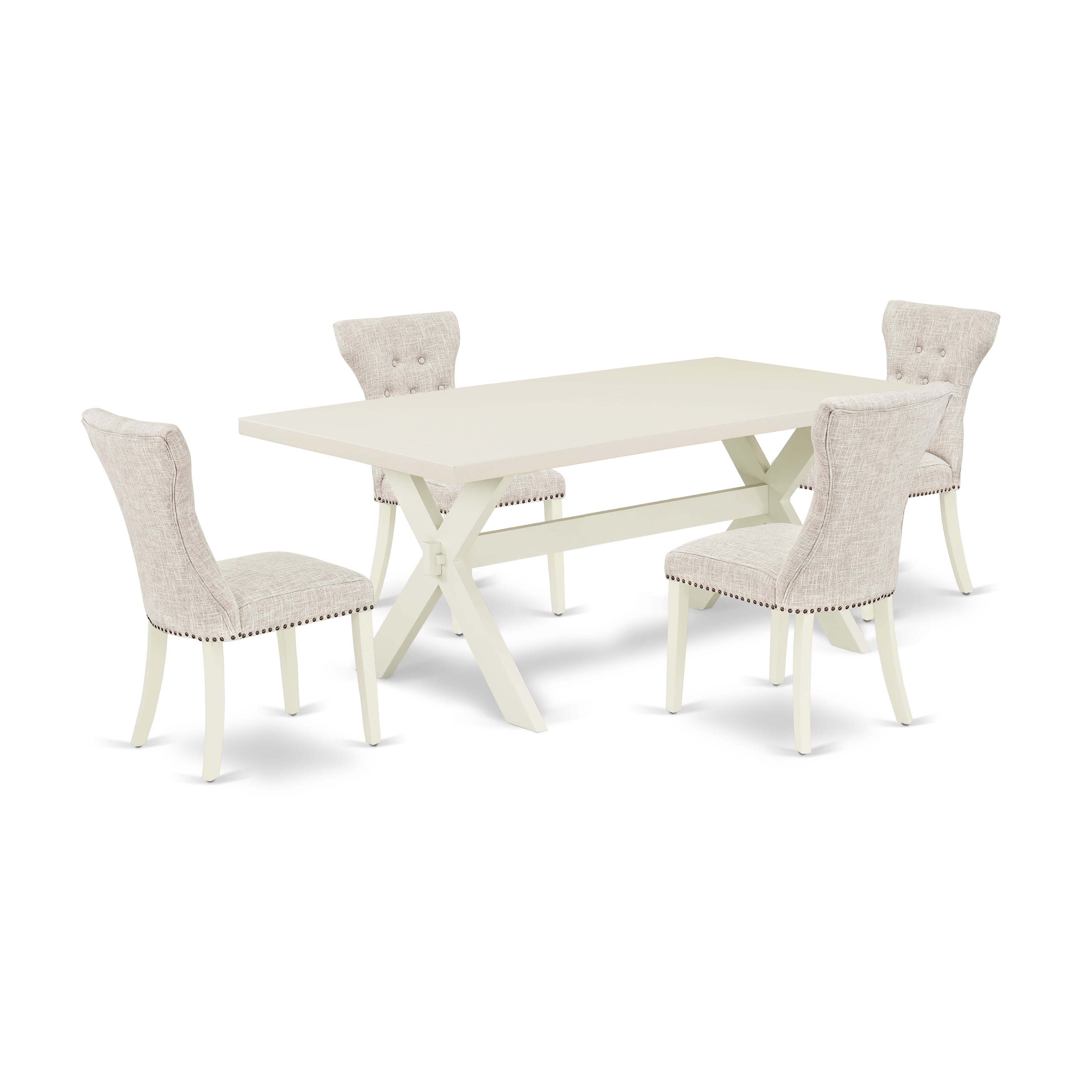 East West Furniture X027GA235-5 5-Pc Dinette Set- 4 Upholstered dining room chairs with Doeskin Linen Fabric Seat and Button Tufted Chair Back - Dining Room Table - linen white Finish