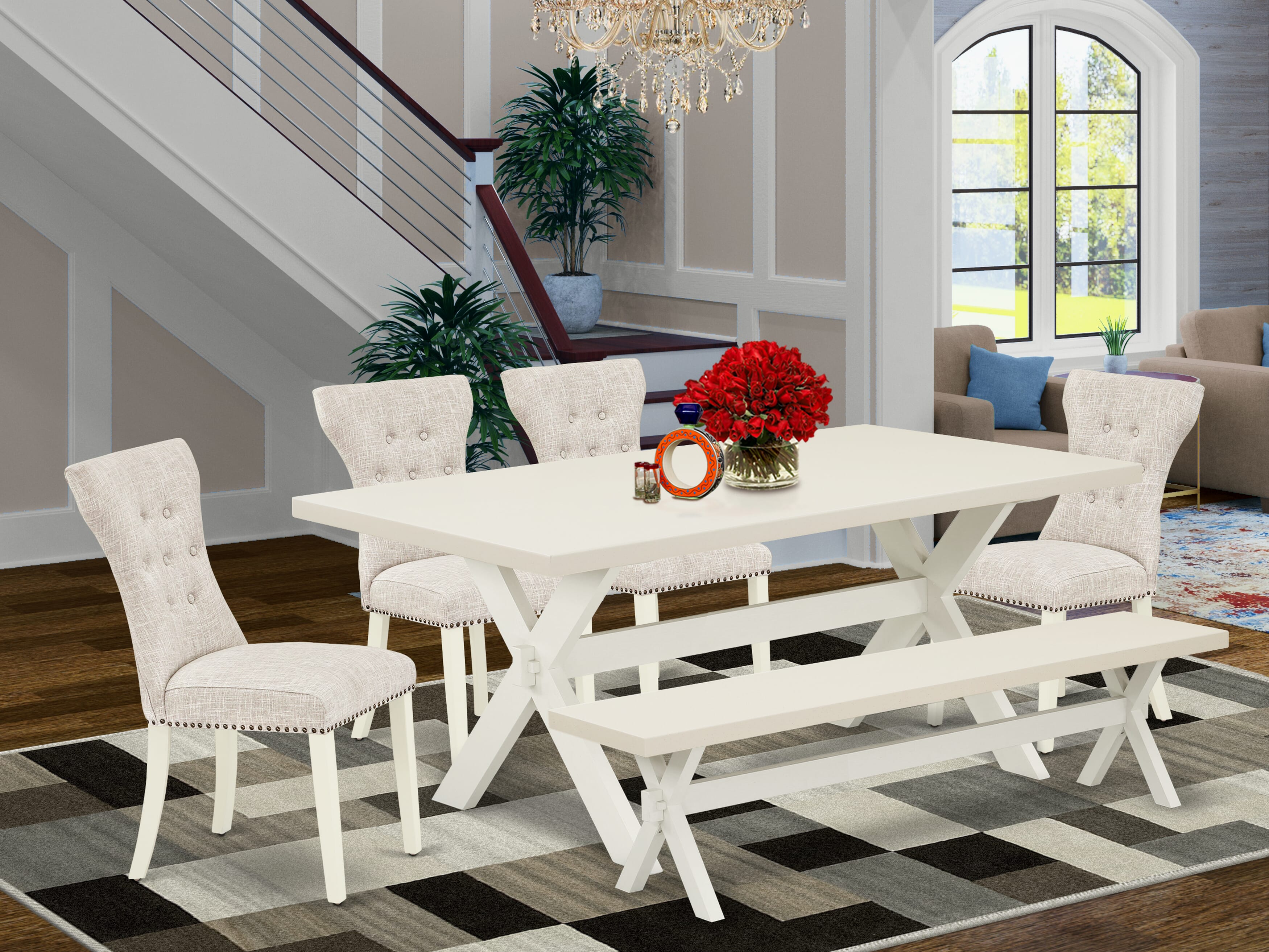 East West Furniture X027GA235-6 6-Pc Modern Dining Table Set- 4 Parson Chairs with Doeskin Linen Fabric Seat and Button Tufted Chair Back - Rectangular top & Wooden Cross Legs Dining Room Table and Dining Bench (linen white Finish)
