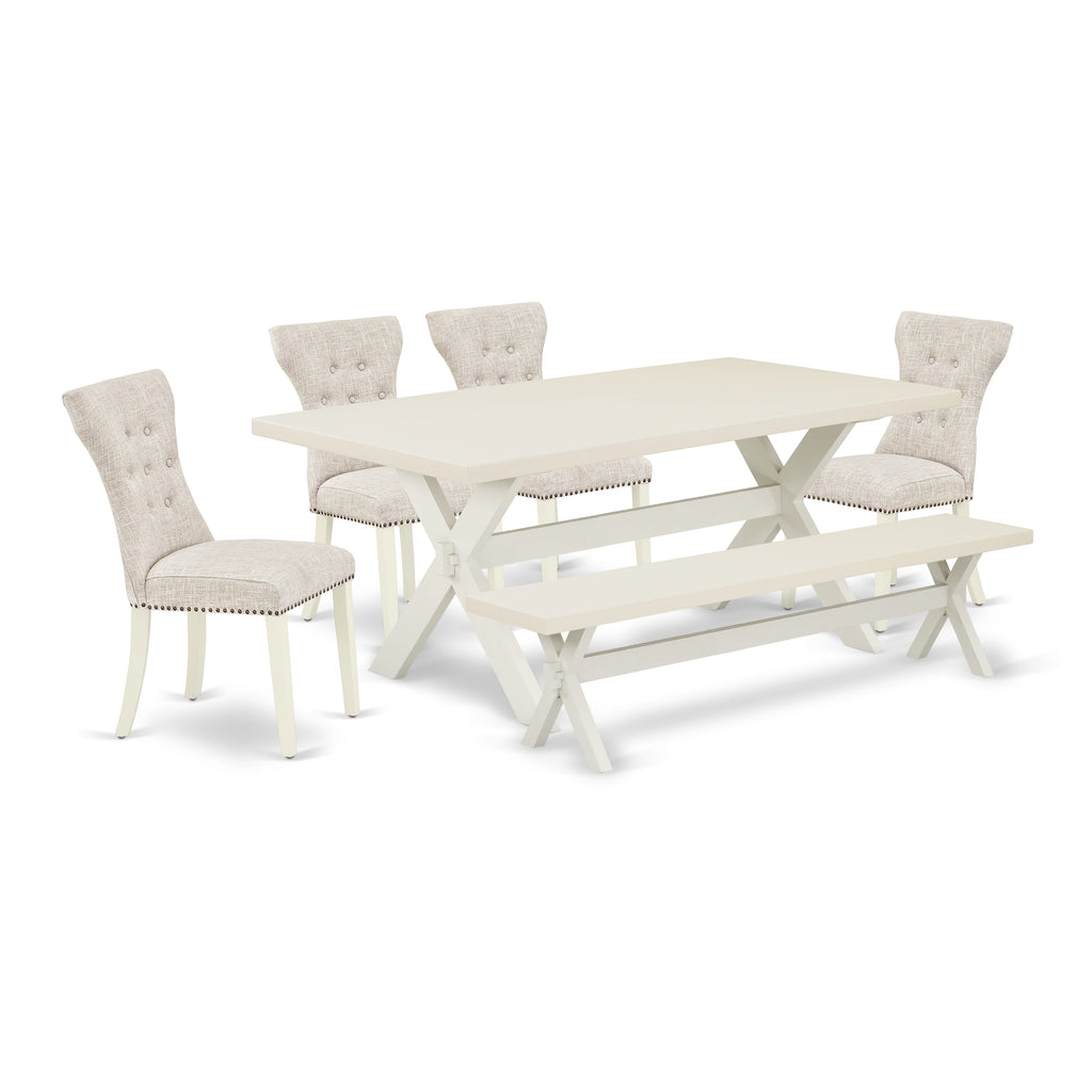East West Furniture X027GA235-6 6-Pc Modern Dining Table Set- 4 Parson Chairs with Doeskin Linen Fabric Seat and Button Tufted Chair Back - Rectangular top & Wooden Cross Legs Dining Room Table and Dining Bench (linen white Finish)