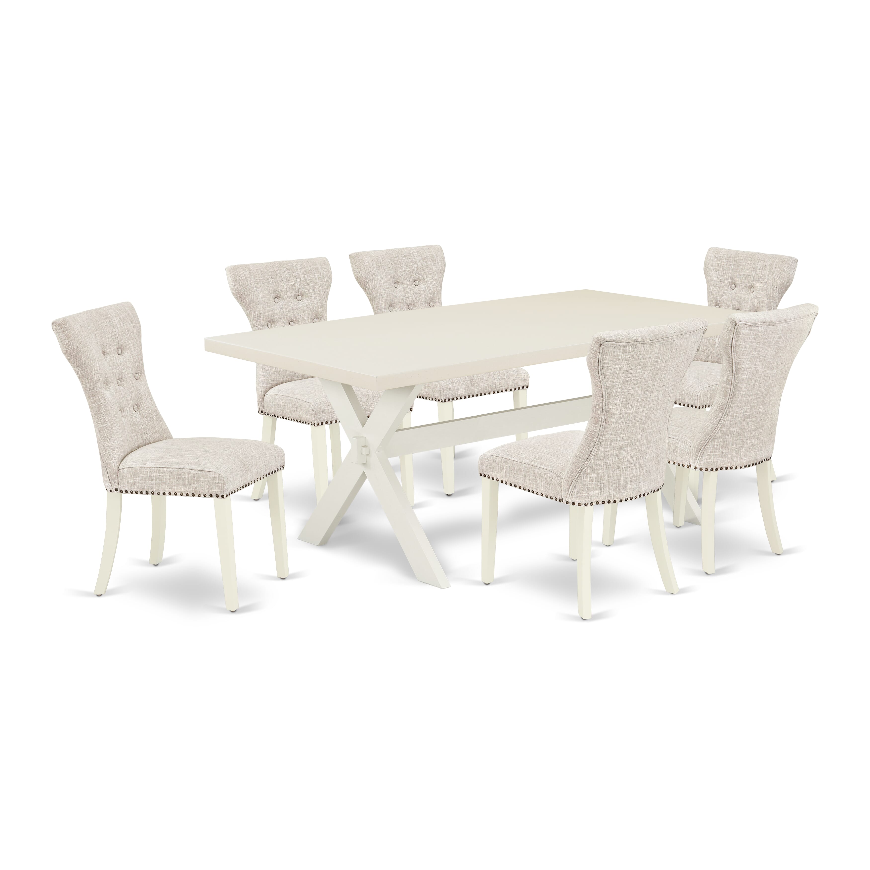 East West Furniture X027GA235-7 7-Piece Modern Dining Set- 6 Parson Chairs with Doeskin Linen Fabric Seat and Button Tufted Chair Back - Rectangular Table top & Wooden Cross Legs (linen white Finish)