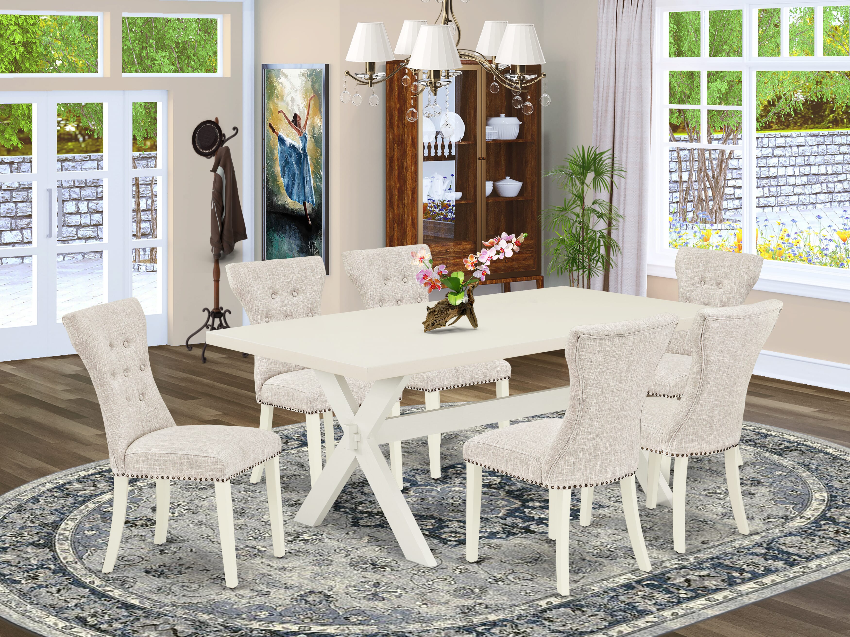 East West Furniture X027GA235-7 7-Piece Modern Dining Set- 6 Parson Chairs with Doeskin Linen Fabric Seat and Button Tufted Chair Back - Rectangular Table top & Wooden Cross Legs (linen white Finish)