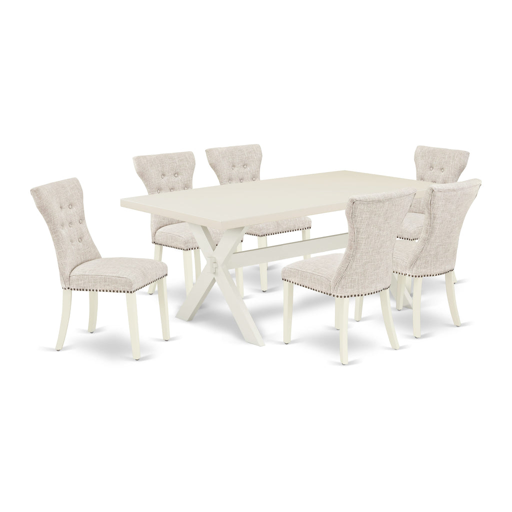 East West Furniture X027GA235-7 7-Piece Modern Dining Set- 6 Parson Chairs with Doeskin Linen Fabric Seat and Button Tufted Chair Back - Rectangular Table top & Wooden Cross Legs (linen white Finish)
