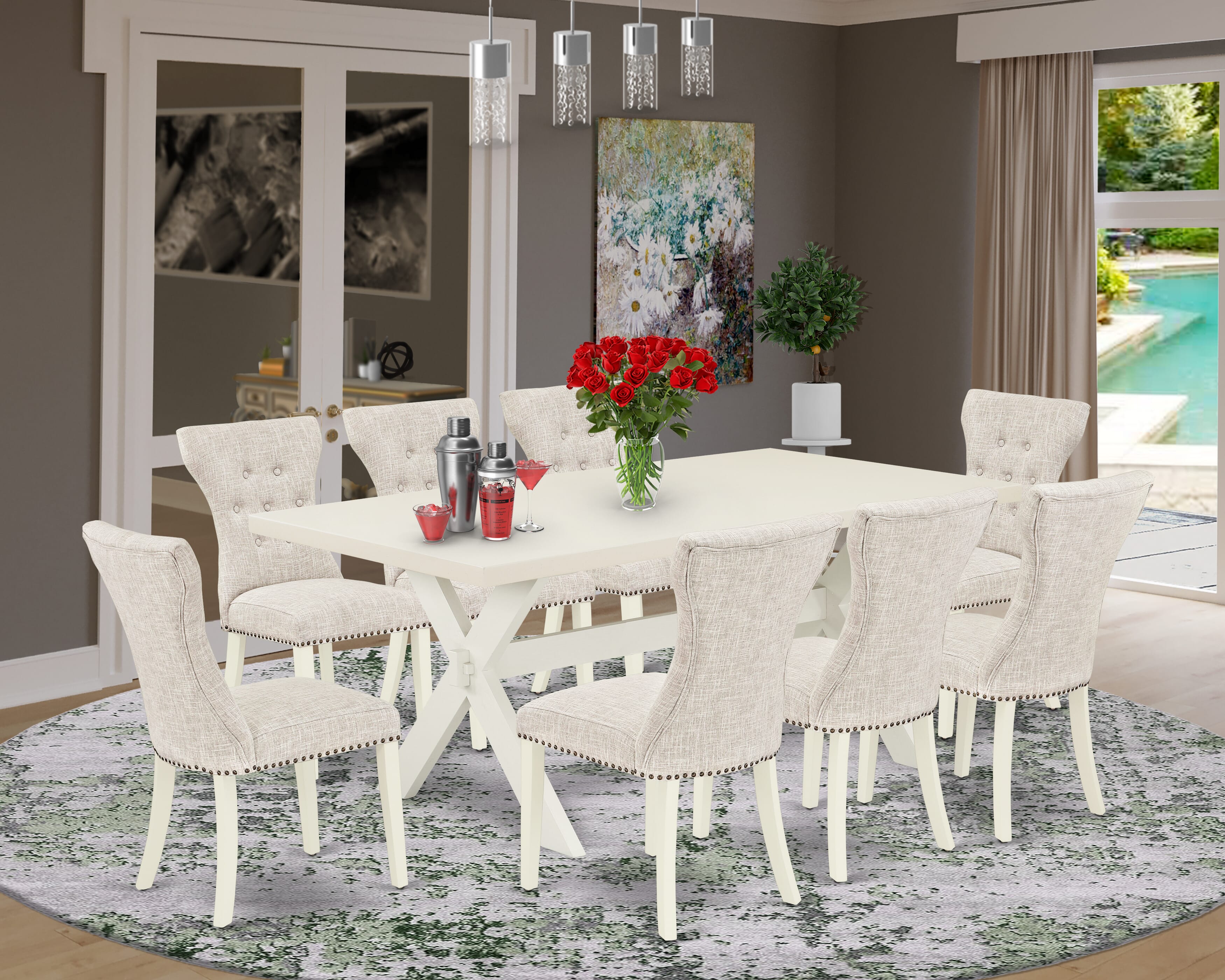 East West Furniture X027GA235-9 9-Pc Dining Room Set- 8 Parson Chairs with Doeskin Linen Fabric Seat and Button Tufted Chair Back - Rectangular Table top & Wooden Cross Legs - linen white and linen white Finish