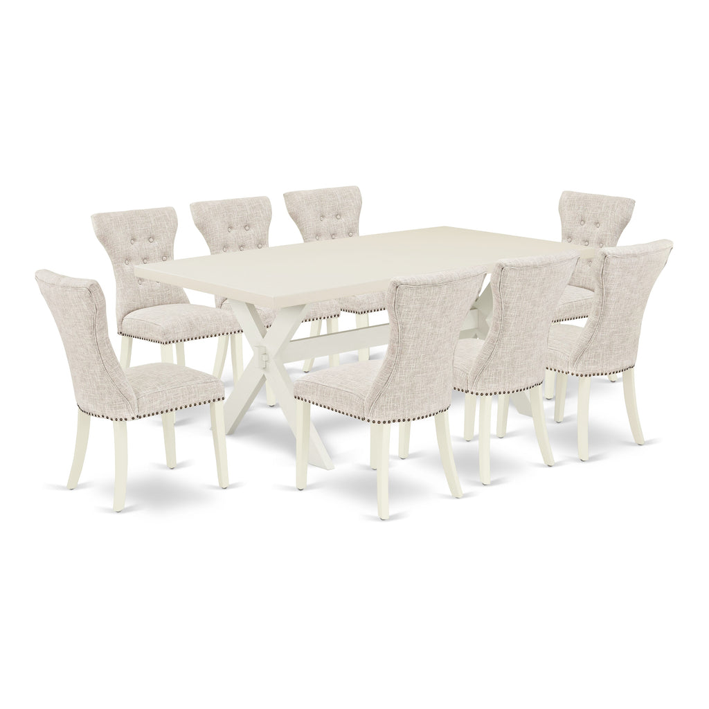 East West Furniture X027GA235-9 9-Pc Dining Room Set- 8 Parson Chairs with Doeskin Linen Fabric Seat and Button Tufted Chair Back - Rectangular Table top & Wooden Cross Legs - linen white and linen white Finish