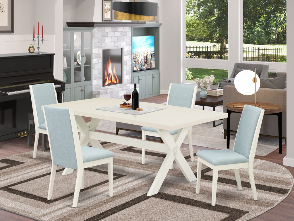 Juego de comedor de 5 piezas East West Furniture X027LA015-5. Incluye una mesa de comedor rectangular con patas en forma de X y 4 sillas tapizadas en tela de lino azul bebé.