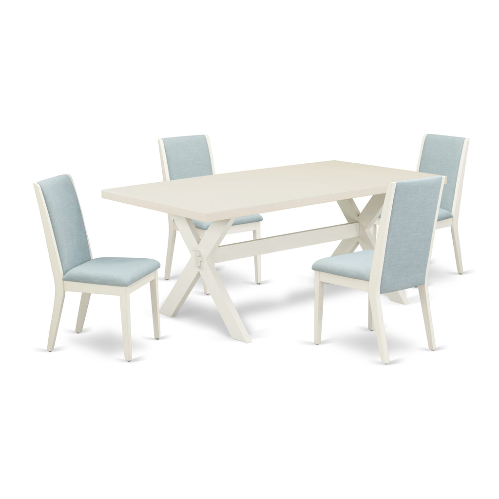 Juego de comedor de 5 piezas East West Furniture X027LA015-5. Incluye una mesa de comedor rectangular con patas en forma de X y 4 sillas tapizadas en tela de lino azul bebé.