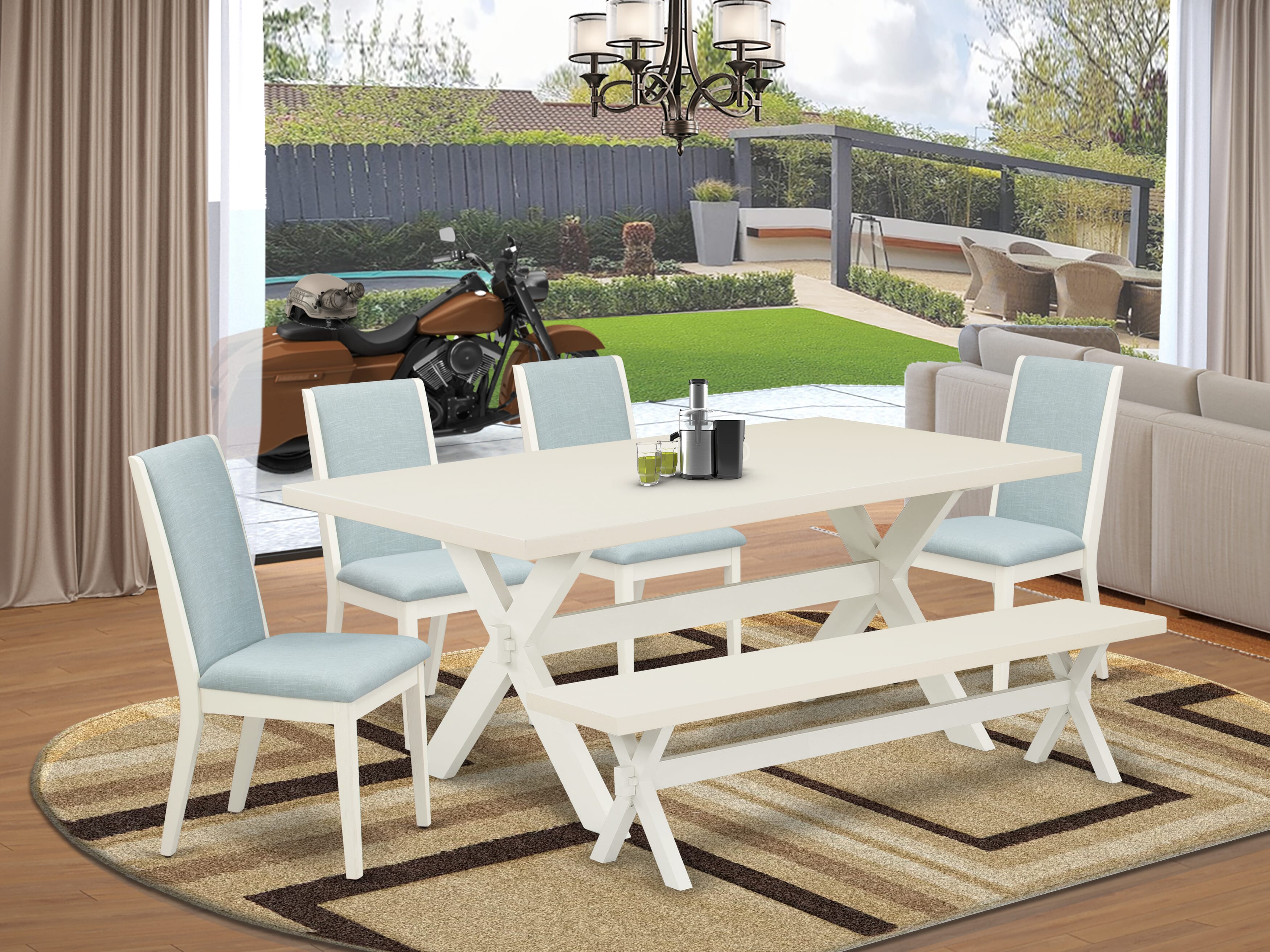East West Furniture X027LA015-6 6Pc Kitchen Set Offers a Dining Room Table, 4 Parson Chairs with Baby Blue Color Linen Fabric and a Bench, Medium Size Table with Full Back Chairs, Wirebrushed Linen White Finish