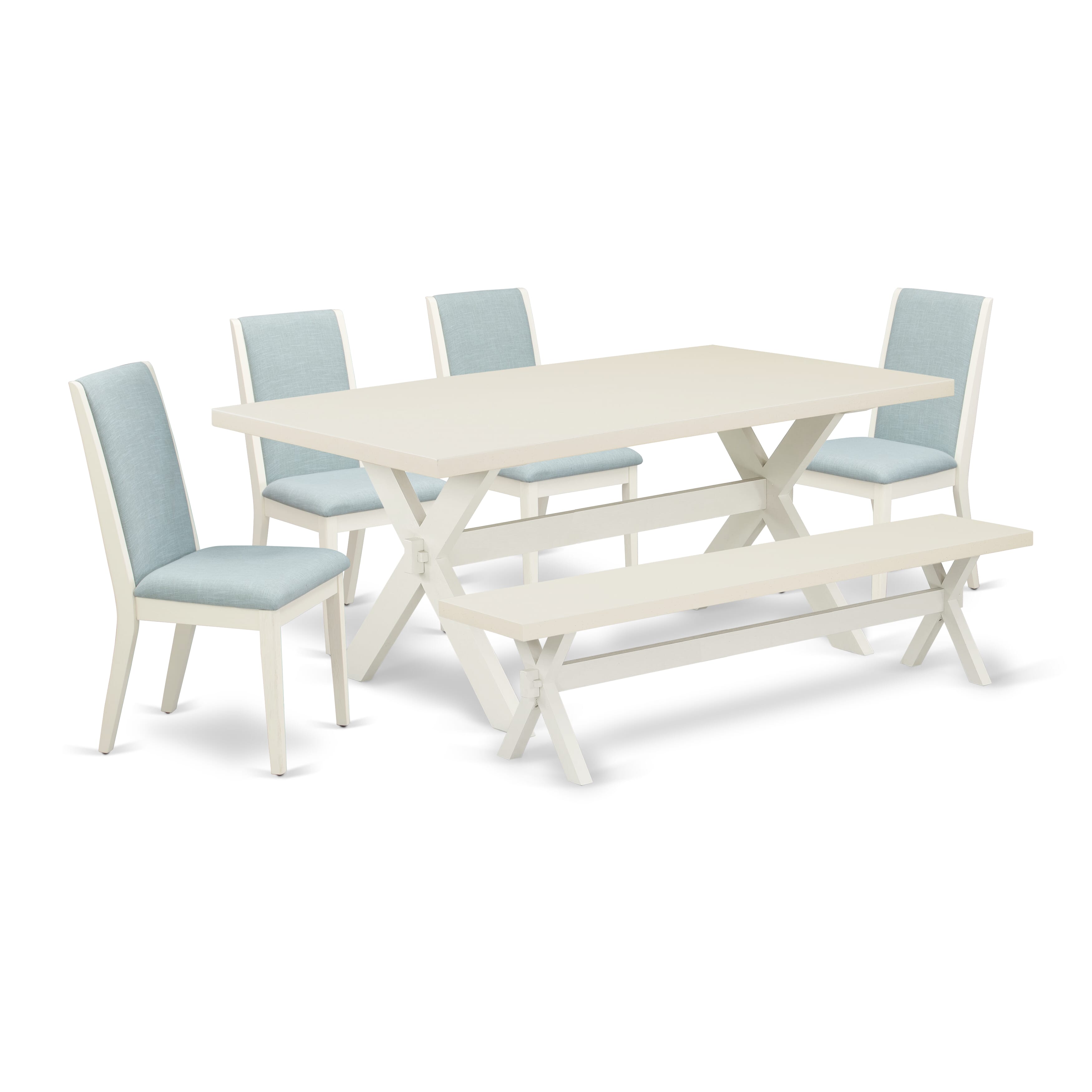 East West Furniture X027LA015-6 6Pc Kitchen Set Offers a Dining Room Table, 4 Parson Chairs with Baby Blue Color Linen Fabric and a Bench, Medium Size Table with Full Back Chairs, Wirebrushed Linen White Finish