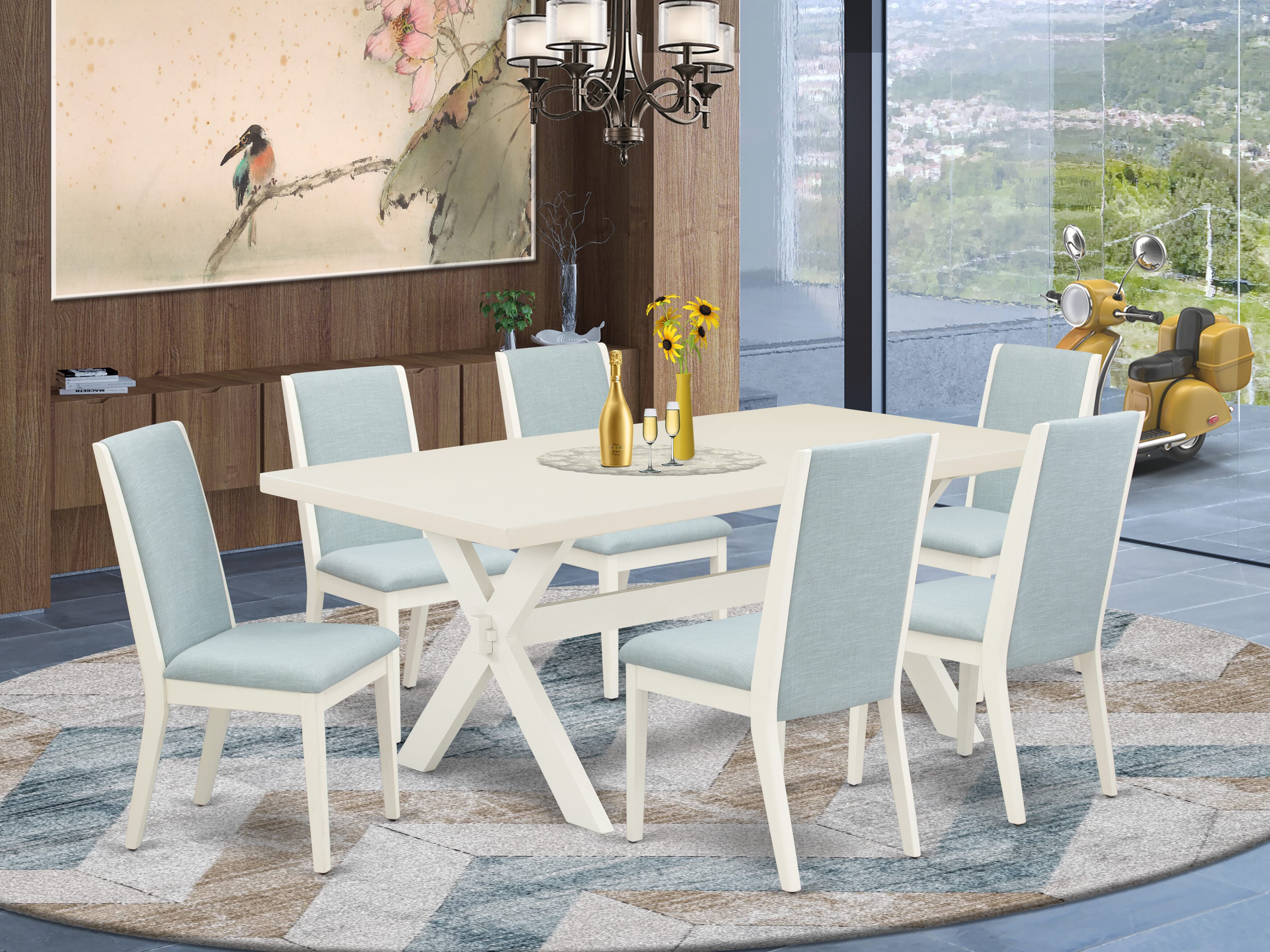 East West Furniture X027LA015-7 7Pc Wood Dining Table Set Consists of a Dining Table and 6 Parsons Chairs with Baby Blue Color Linen Fabric, Medium Size Table with Full Back Chairs, Wirebrushed Linen White Finish