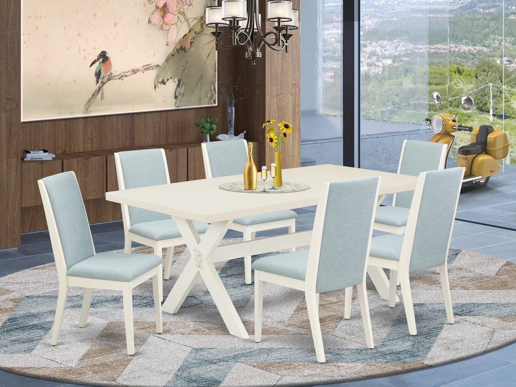 Juego de comedor de 7 piezas East West Furniture X027LA015-7 compuesto por una mesa de comedor rectangular con patas en forma de X y 6 sillas Parsons de tela de lino azul bebé.
