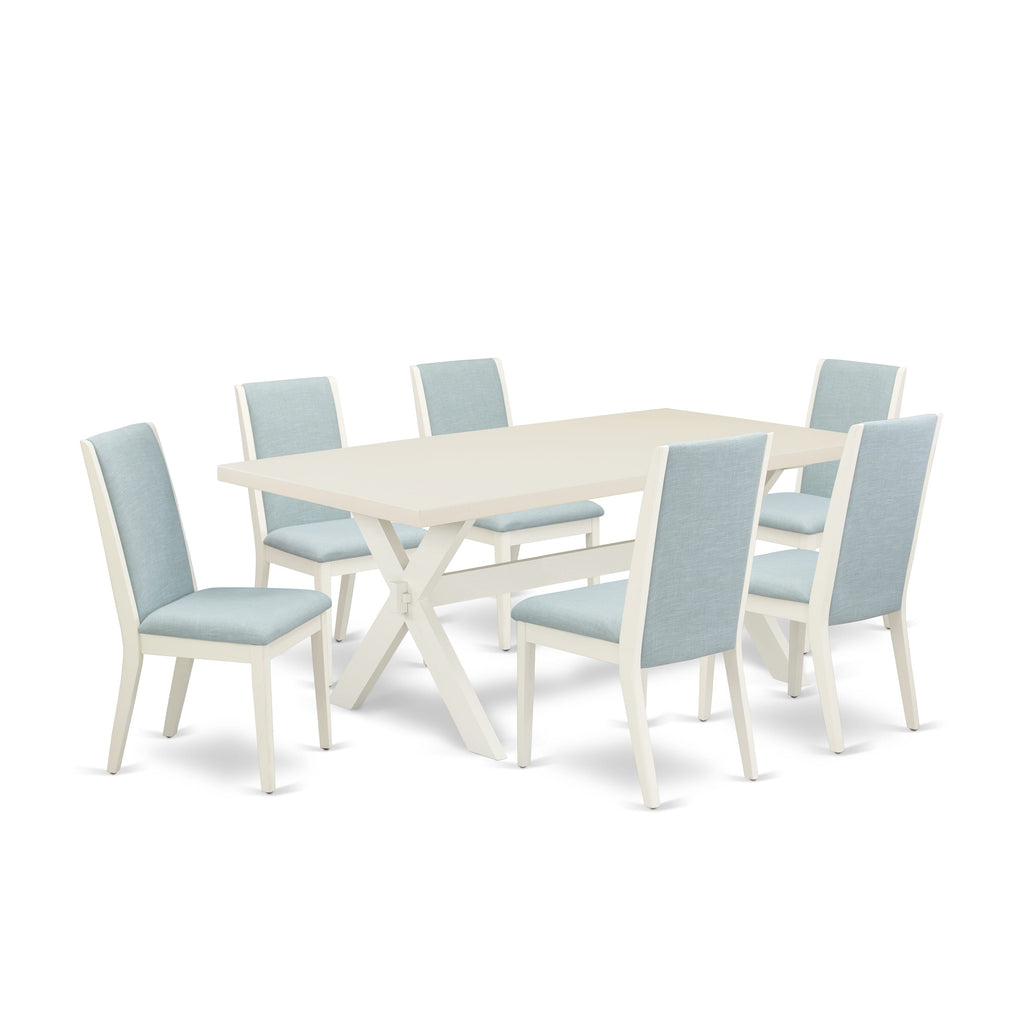 Juego de comedor de 7 piezas East West Furniture X027LA015-7 compuesto por una mesa de comedor rectangular con patas en forma de X y 6 sillas Parsons de tela de lino azul bebé.