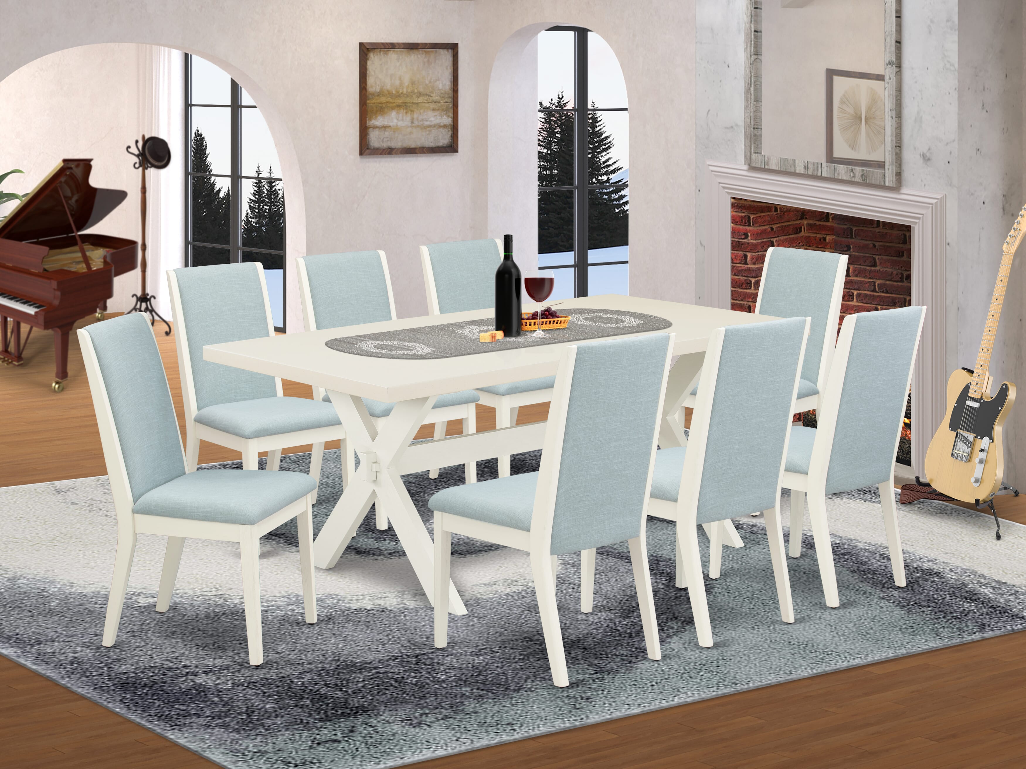 East West Furniture X027LA015-9 9Pc Modern Dining Table Set Consists of a Dinette Table and 8 Parsons Chairs with Baby Blue Color Linen Fabric, Medium Size Table with Full Back Chairs, Wirebrushed Linen White Finish