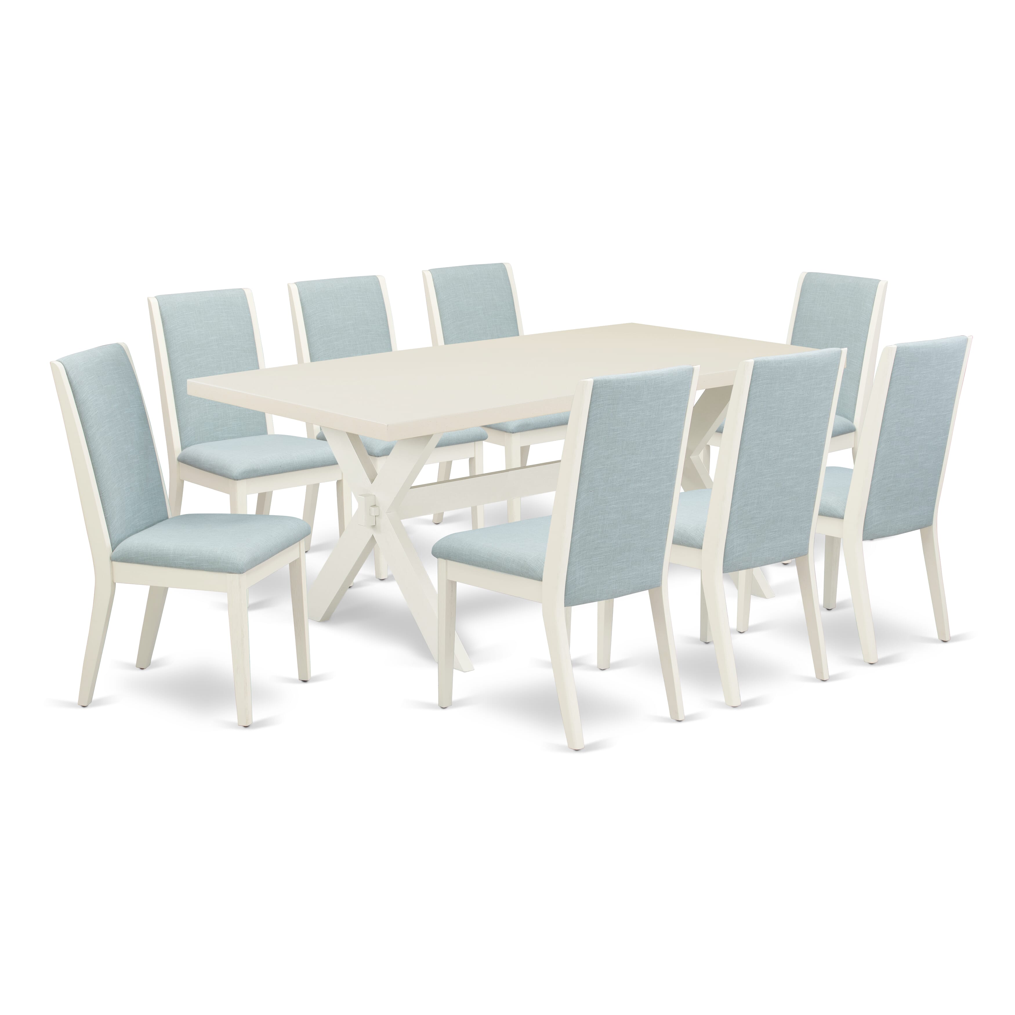 East West Furniture X027LA015-9 9Pc Modern Dining Table Set Consists of a Dinette Table and 8 Parsons Chairs with Baby Blue Color Linen Fabric, Medium Size Table with Full Back Chairs, Wirebrushed Linen White Finish