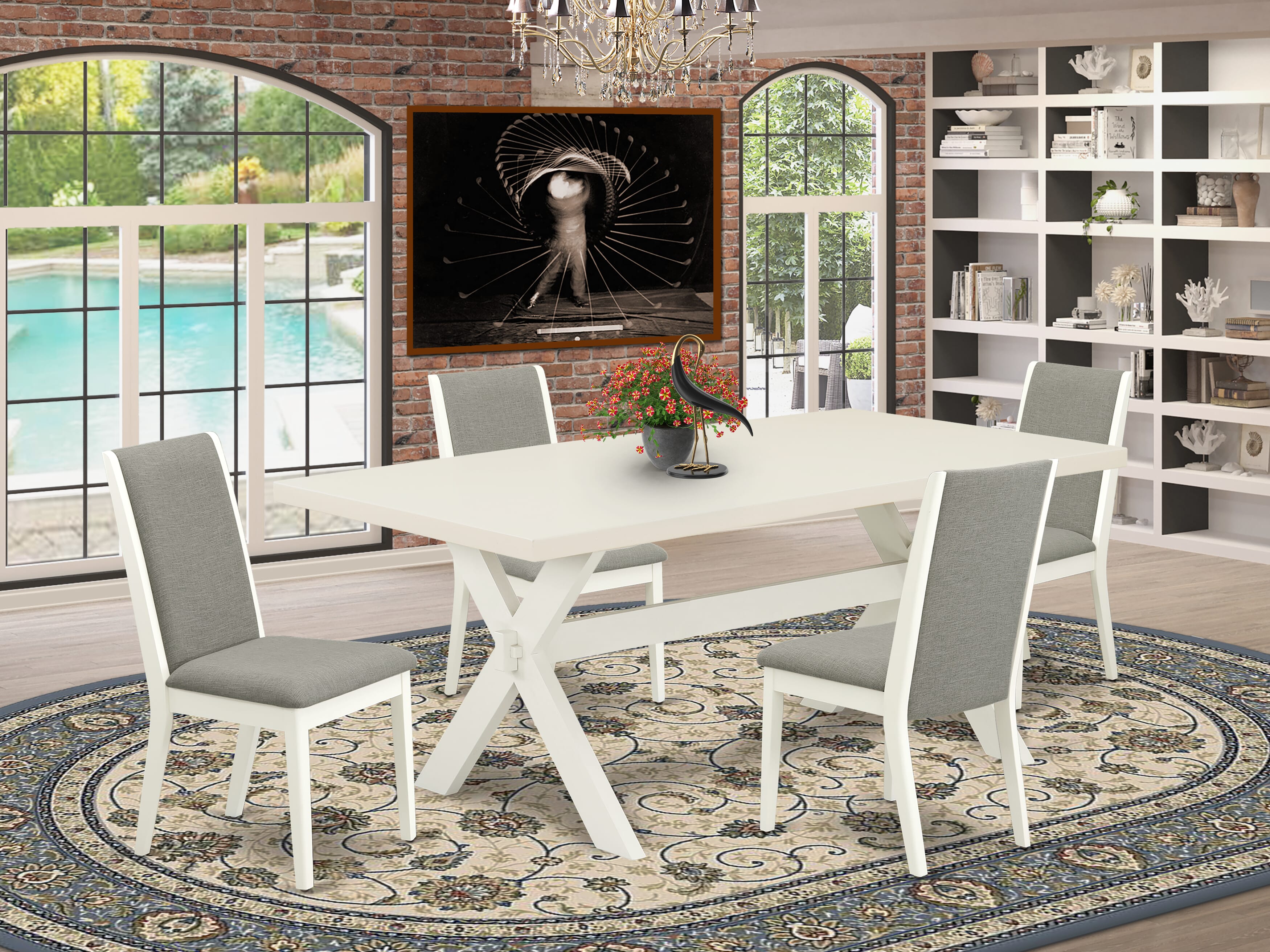 Juego de mesa y sillas de cocina de 5 piezas East West Furniture X027LA206-5. Incluye una mesa de comedor rectangular con patas en forma de X y 4 sillas Parsons de tela de lino Shitake.