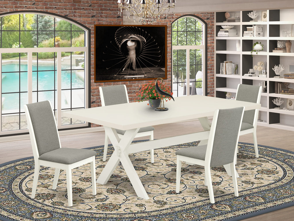 Juego de mesa y sillas de cocina de 5 piezas East West Furniture X027LA206-5. Incluye una mesa de comedor rectangular con patas en forma de X y 4 sillas Parsons de tela de lino Shitake.