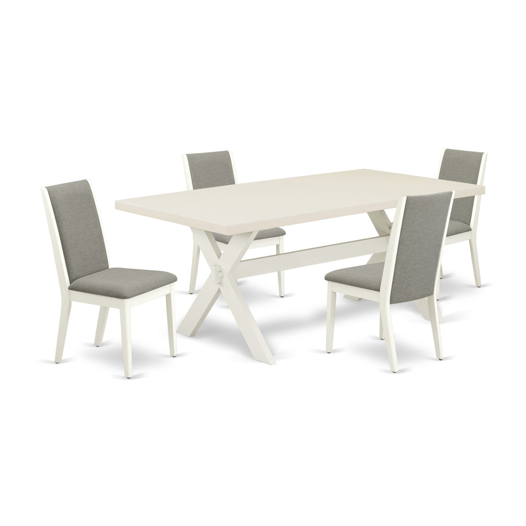 Juego de mesa y sillas de cocina de 5 piezas East West Furniture X027LA206-5. Incluye una mesa de comedor rectangular con patas en forma de X y 4 sillas Parsons de tela de lino Shitake.