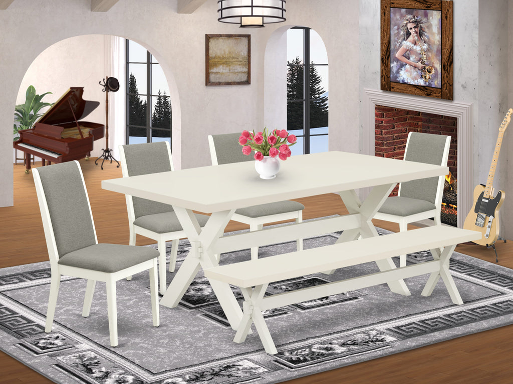Juego de comedor de 6 piezas East West Furniture X027LA206-6. Contiene una mesa de comedor rectangular con patas en forma de X y 4 sillas Parson de tela de lino Shitake con un banco.