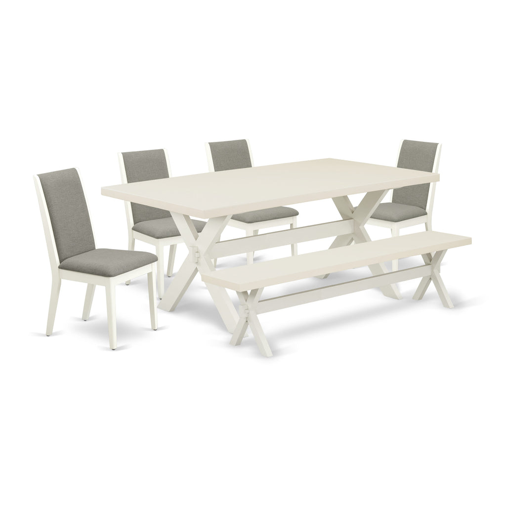 Juego de comedor de 6 piezas East West Furniture X027LA206-6. Contiene una mesa de comedor rectangular con patas en forma de X y 4 sillas Parson de tela de lino Shitake con un banco.