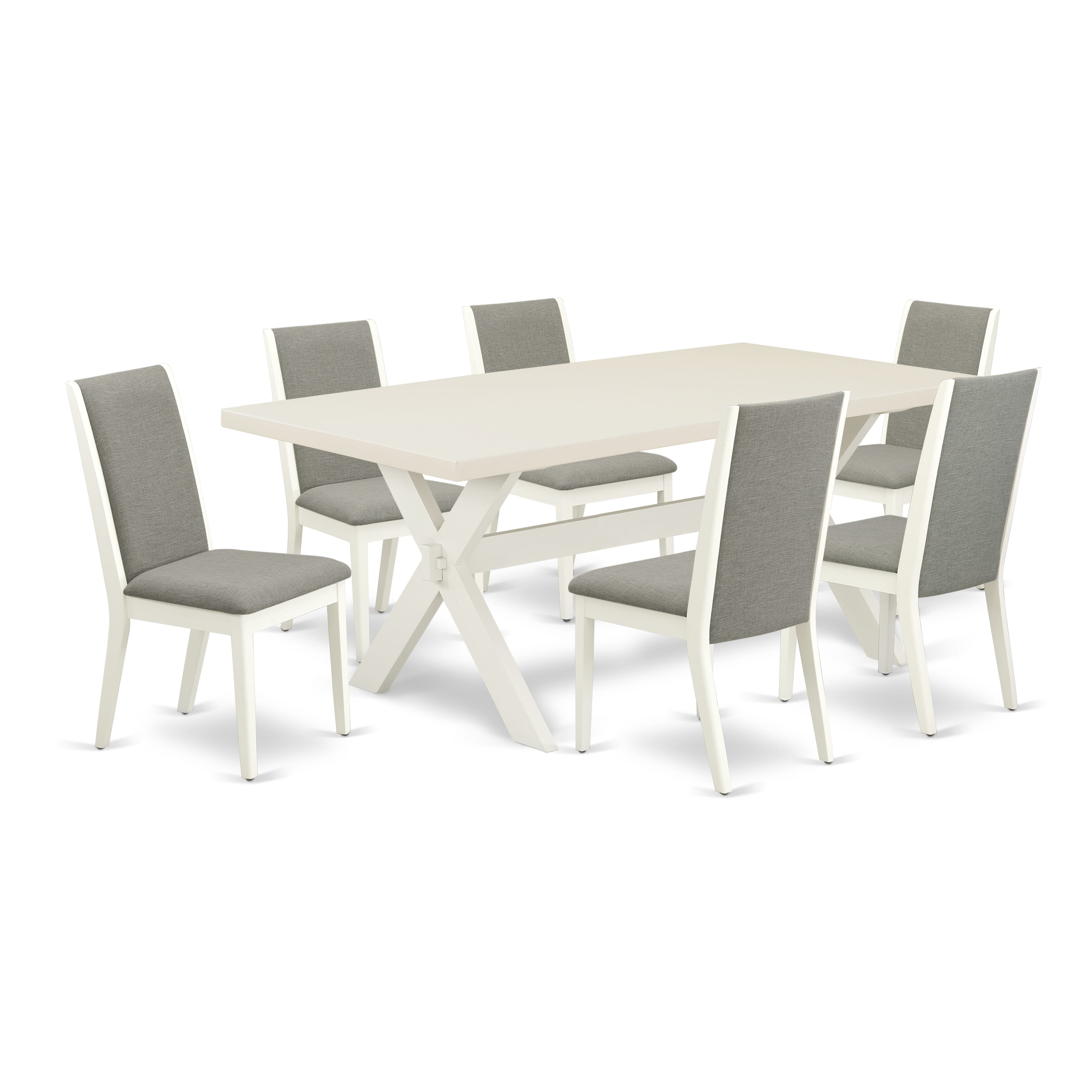 Juego de comedor de 7 piezas East West Furniture X027LA206-7 compuesto por una mesa de comedor rectangular con patas en forma de X y 6 sillas tapizadas en tela de lino shitake.