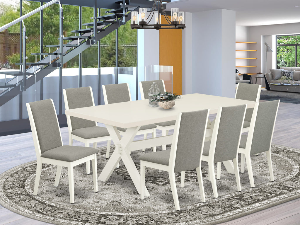 Juego de mesa de comedor de 9 piezas East West Furniture X027LA206-9. Incluye una mesa de comedor rectangular con patas en forma de X y 8 sillas tapizadas en tela de lino Shitake.