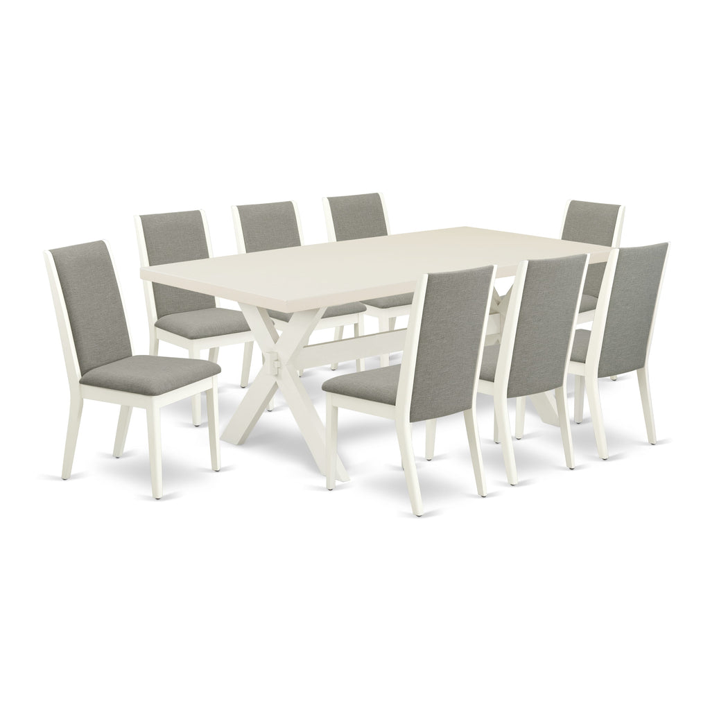 Juego de mesa de comedor de 9 piezas East West Furniture X027LA206-9. Incluye una mesa de comedor rectangular con patas en forma de X y 8 sillas tapizadas en tela de lino Shitake.