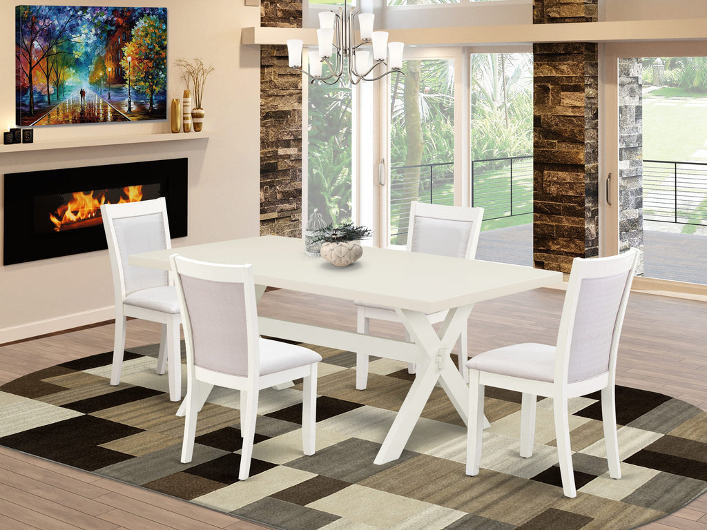Juego de mesa y sillas de cocina de 5 piezas East West Furniture X027MZ001-5. Incluye una mesa de comedor rectangular con patas en forma de X y 4 sillas de comedor Parsons de tela de lino color crema.
