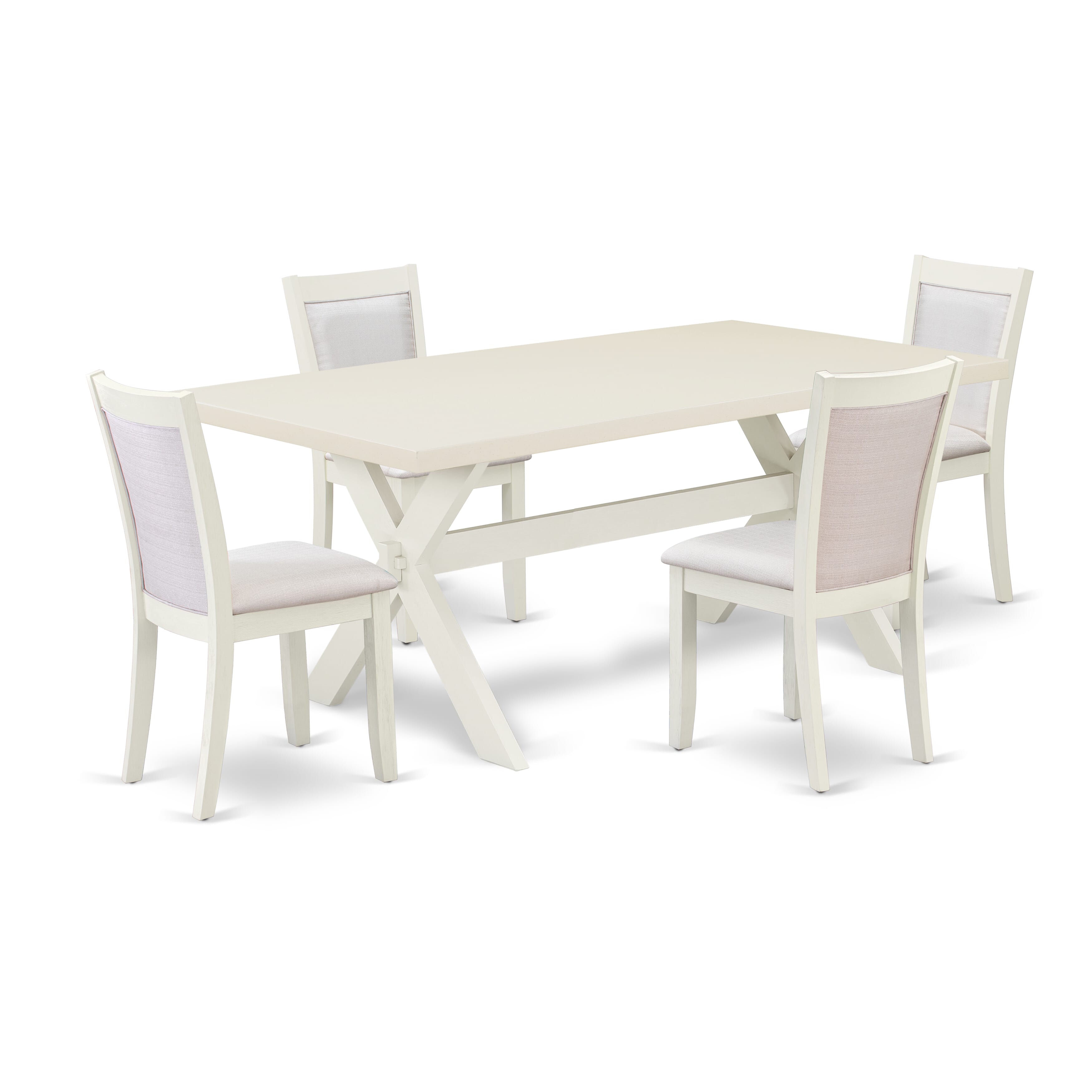 East West Furniture X027MZ001-5 5-Pc Dining Table Set Includes a Kitchen Table and 4 Cream Linen Fabric Modern Dining Chairs with Stylish Back - Wire Brushed linen white Finish