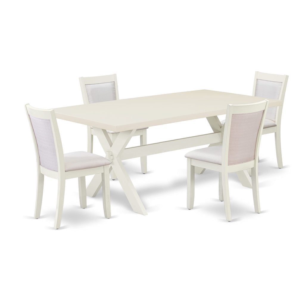 Juego de mesa y sillas de cocina de 5 piezas East West Furniture X027MZ001-5. Incluye una mesa de comedor rectangular con patas en forma de X y 4 sillas de comedor Parsons de tela de lino color crema.