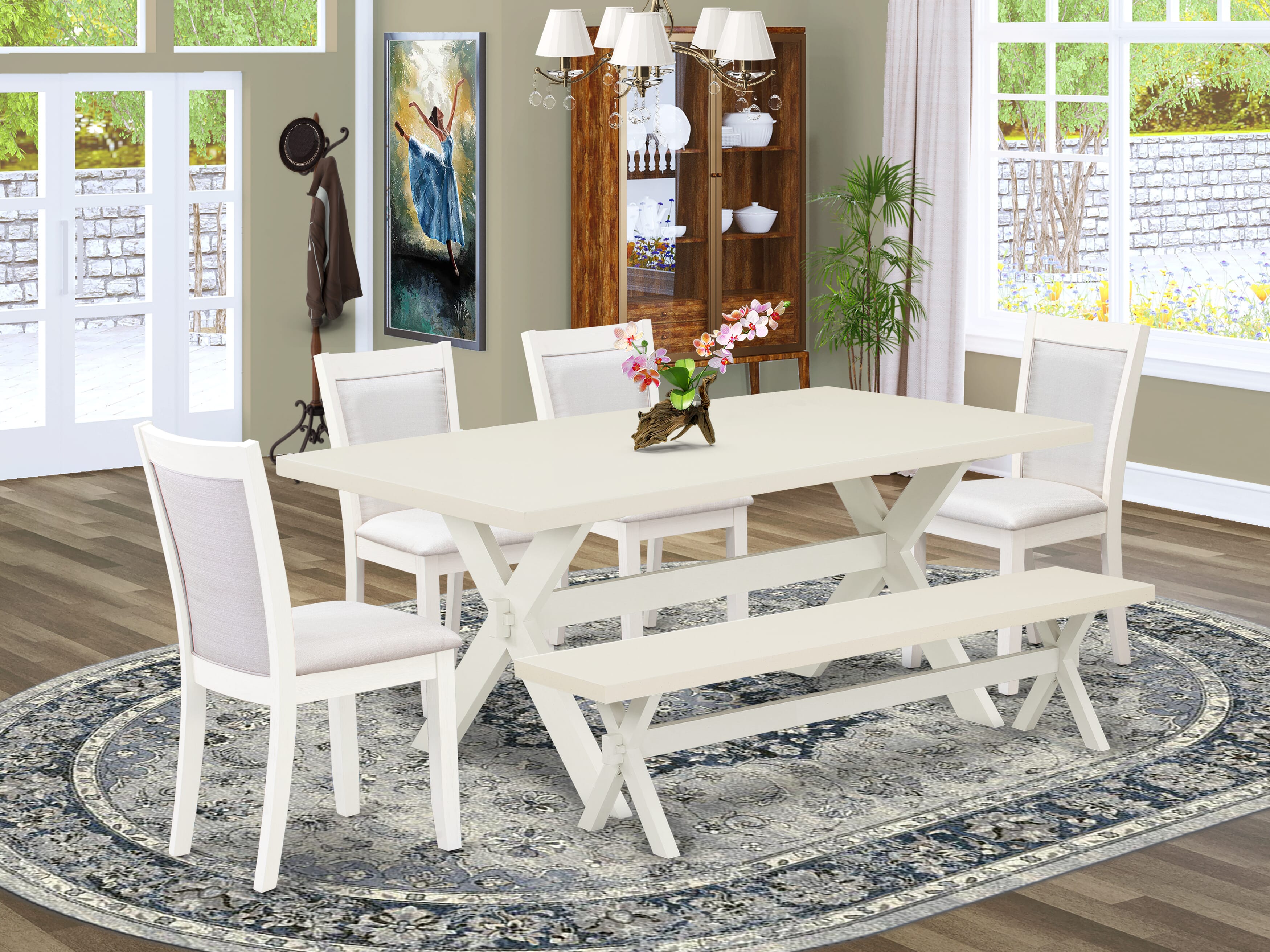 East West Furniture X027MZ001-6 6-Pc Dining Table Set Includes a Wooden Kitchen Table - 4 Cream Linen Fabric Dining Chairs with Stylish Back and a Dining Bench - Wire Brushed linen white Finish