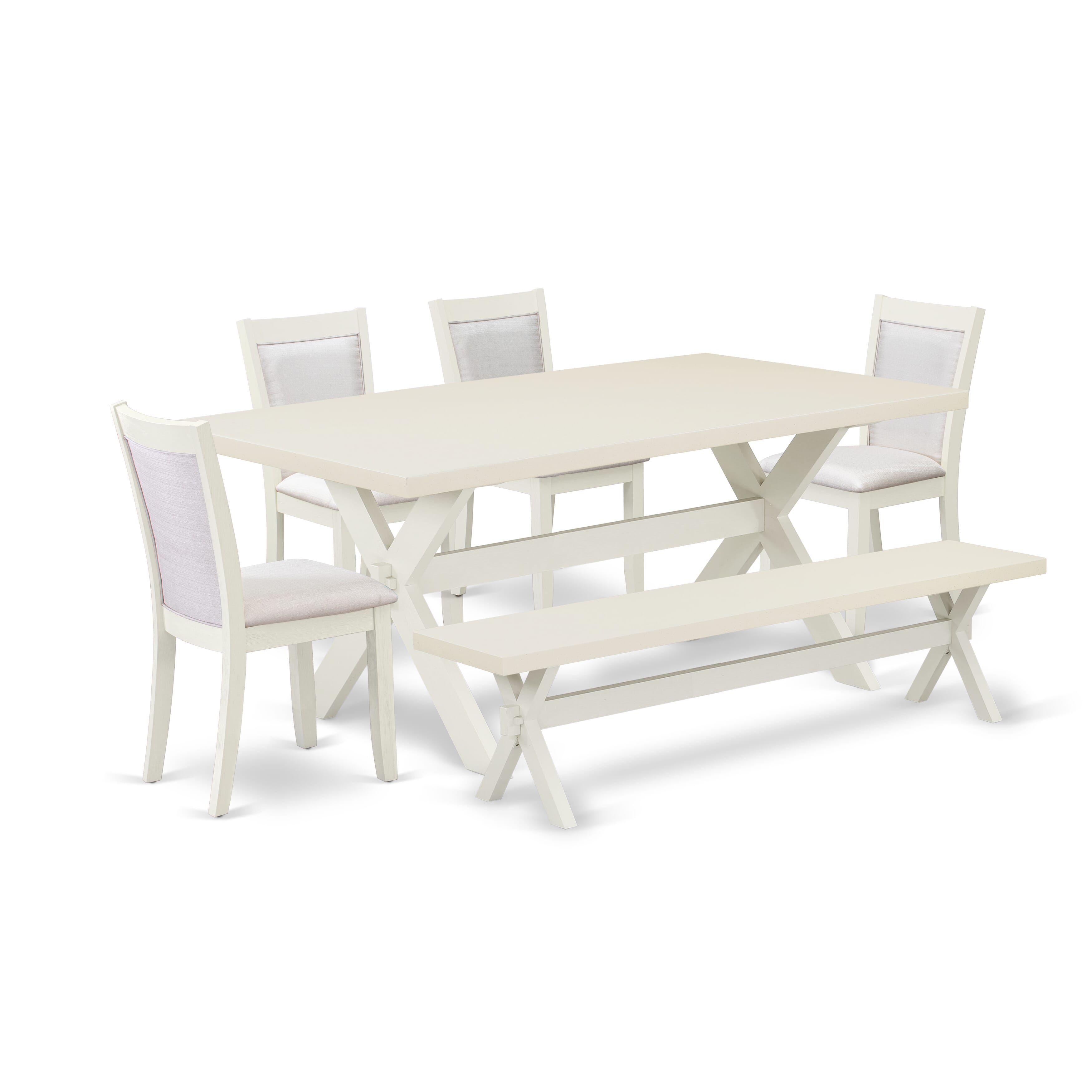 East West Furniture X027MZ001-6 6-Pc Dining Table Set Includes a Wooden Kitchen Table - 4 Cream Linen Fabric Dining Chairs with Stylish Back and a Dining Bench - Wire Brushed linen white Finish