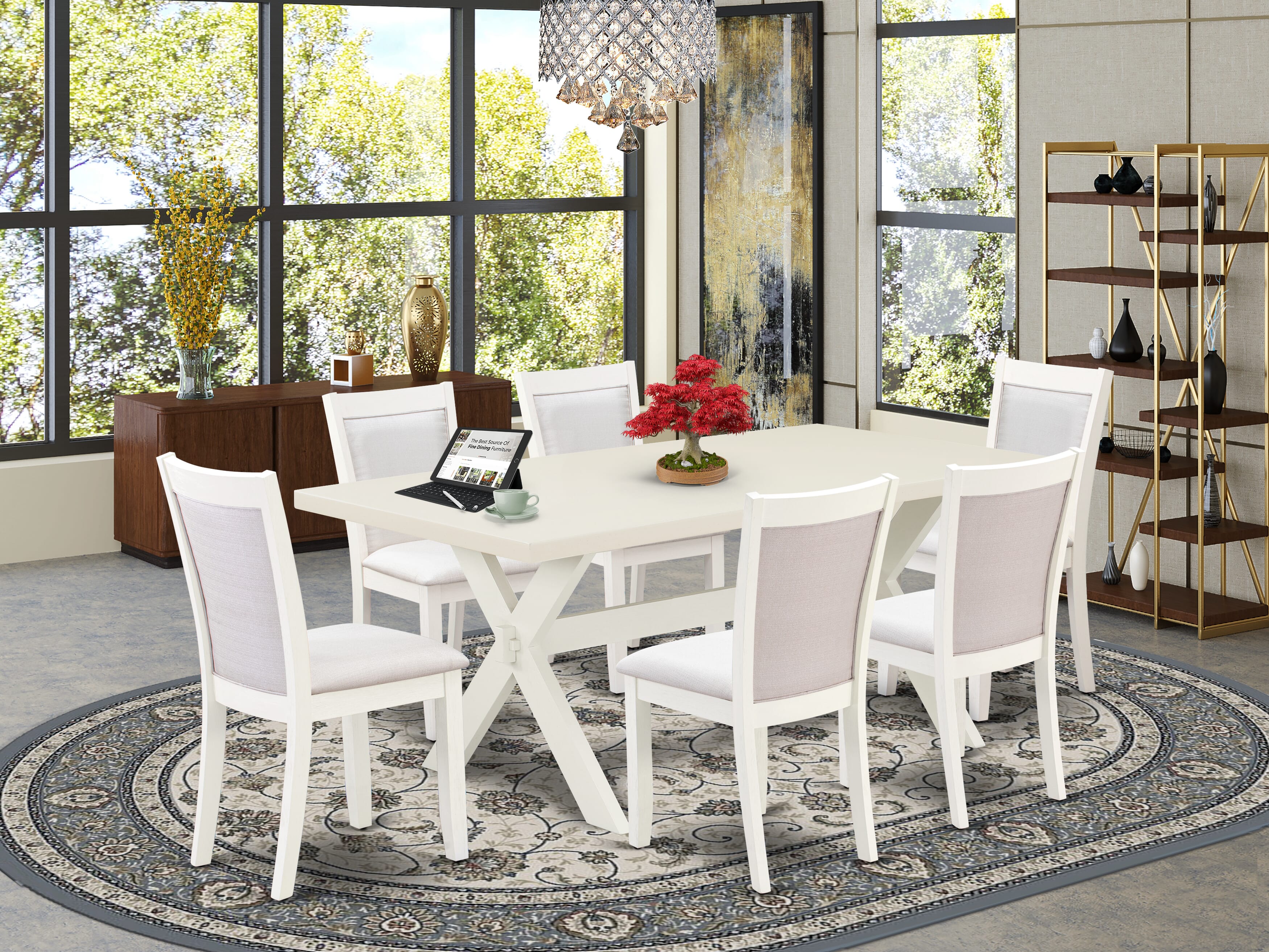 East West Furniture X027MZ001-7 7-Pc Kitchen Table Set Includes a Wood Dining Table and 6 Cream Linen Fabric Parson Chairs with Stylish Back - Wire Brushed linen white Finish