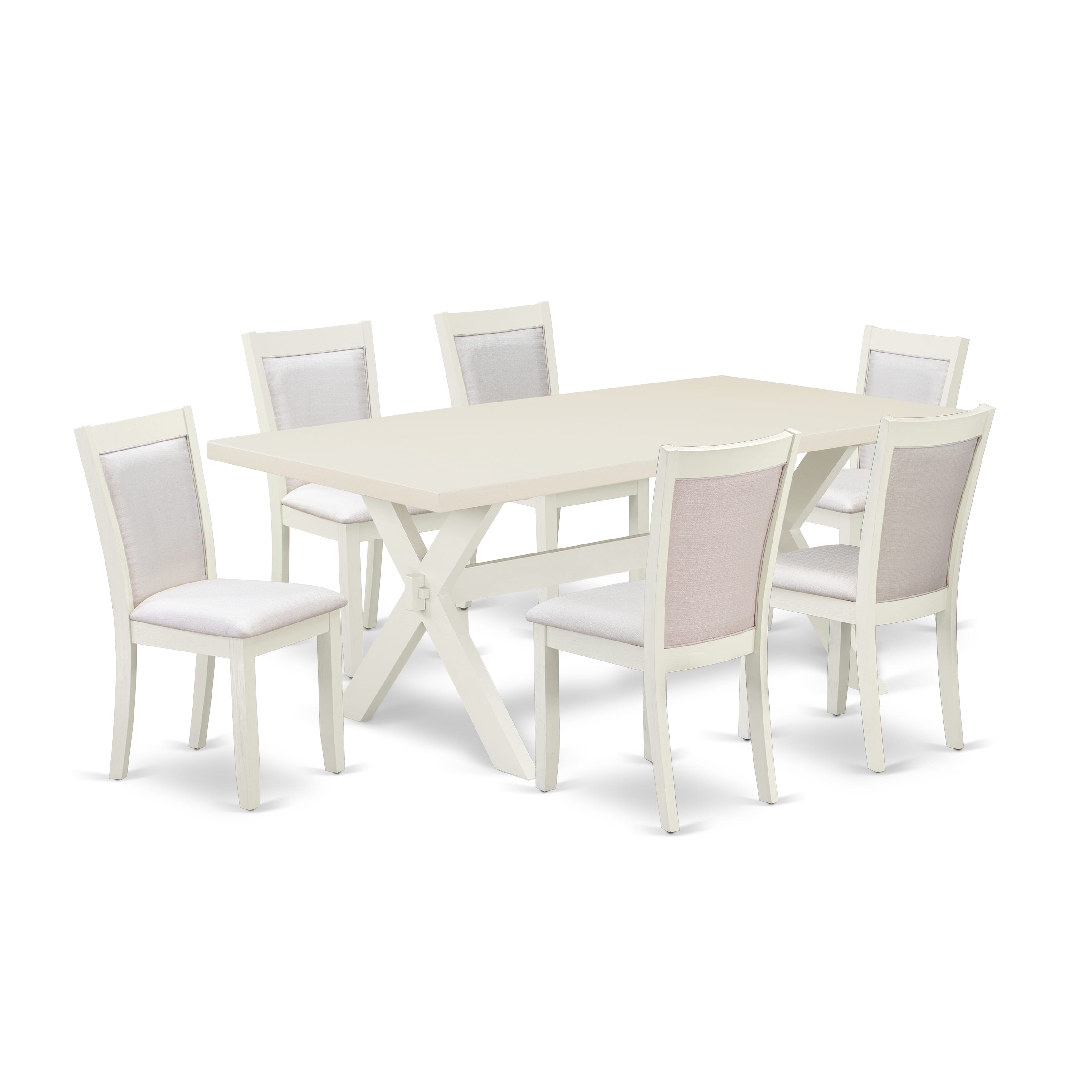 East West Furniture X027MZ001-7 7-Pc Kitchen Table Set Includes a Wood Dining Table and 6 Cream Linen Fabric Parson Chairs with Stylish Back - Wire Brushed linen white Finish