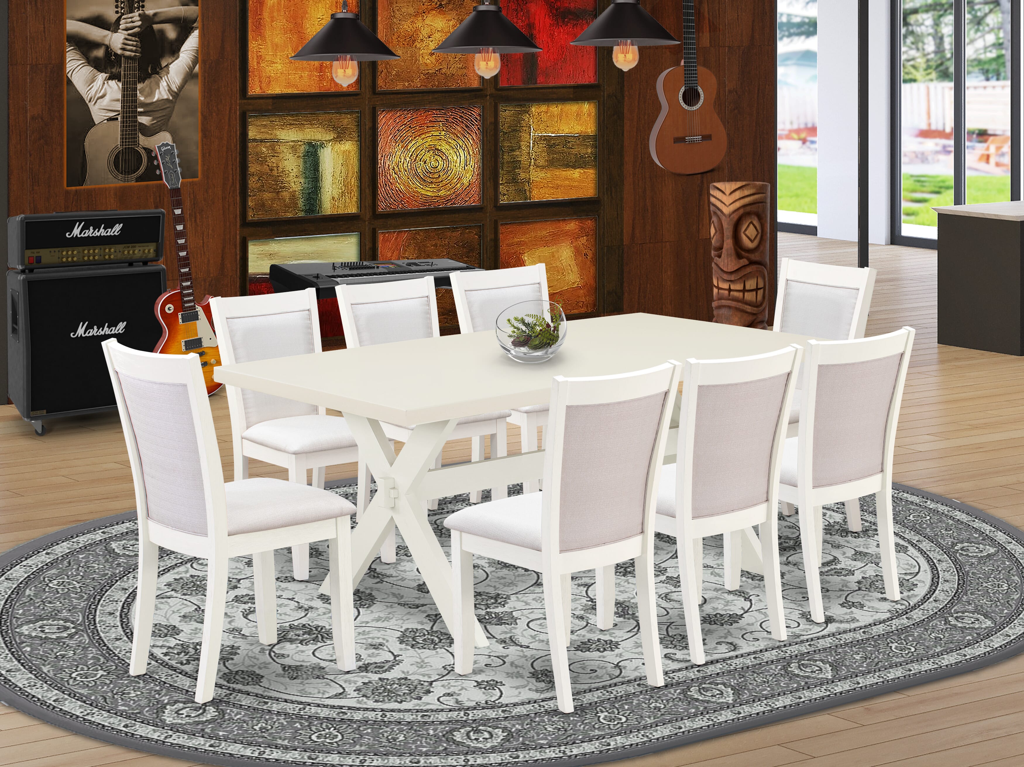 East West Furniture X027MZ001-9 9-Pc Dining Room Set Includes a Dining Table and 8 Cream Linen Fabric Upholstered Chairs with Stylish Back - Wire Brushed linen white Finish