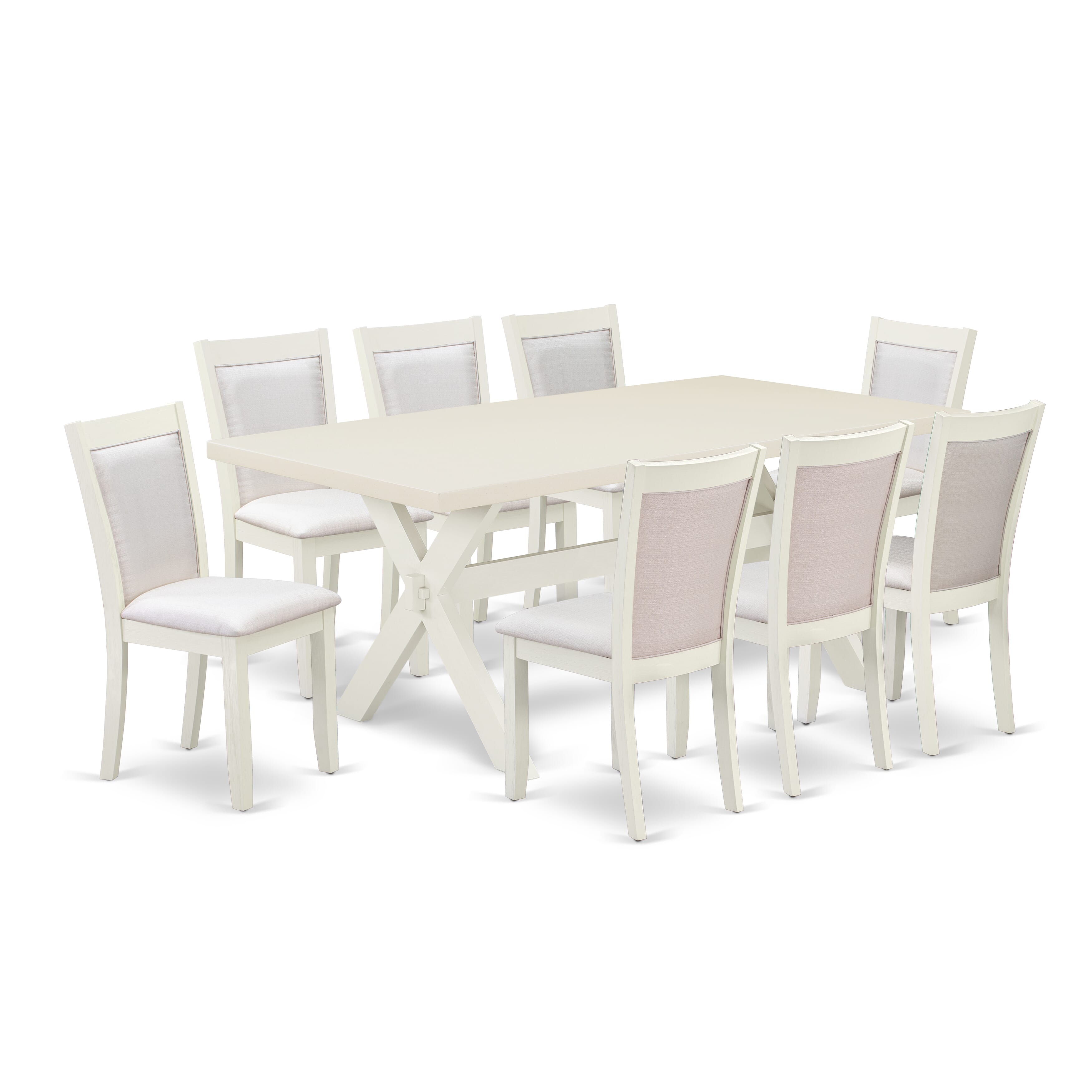 East West Furniture X027MZ001-9 9-Pc Dining Room Set Includes a Dining Table and 8 Cream Linen Fabric Upholstered Chairs with Stylish Back - Wire Brushed linen white Finish