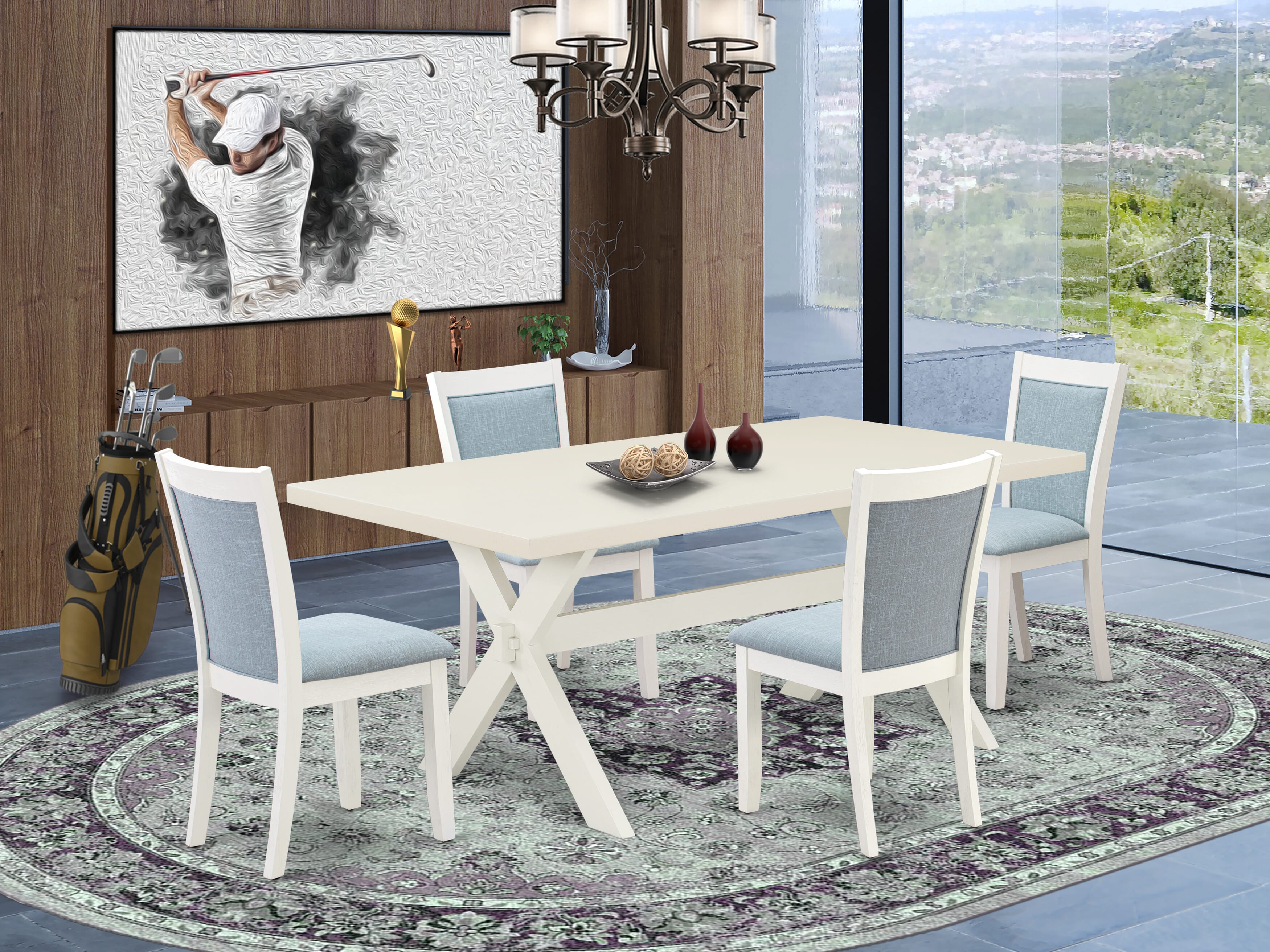 East West Furniture X027MZ015-5 5-Pc Dinette Set Includes a Dining Room Table and 4 Baby Blue Linen Fabric Parsons Chairs with Stylish Back - Wire Brushed linen white Finish