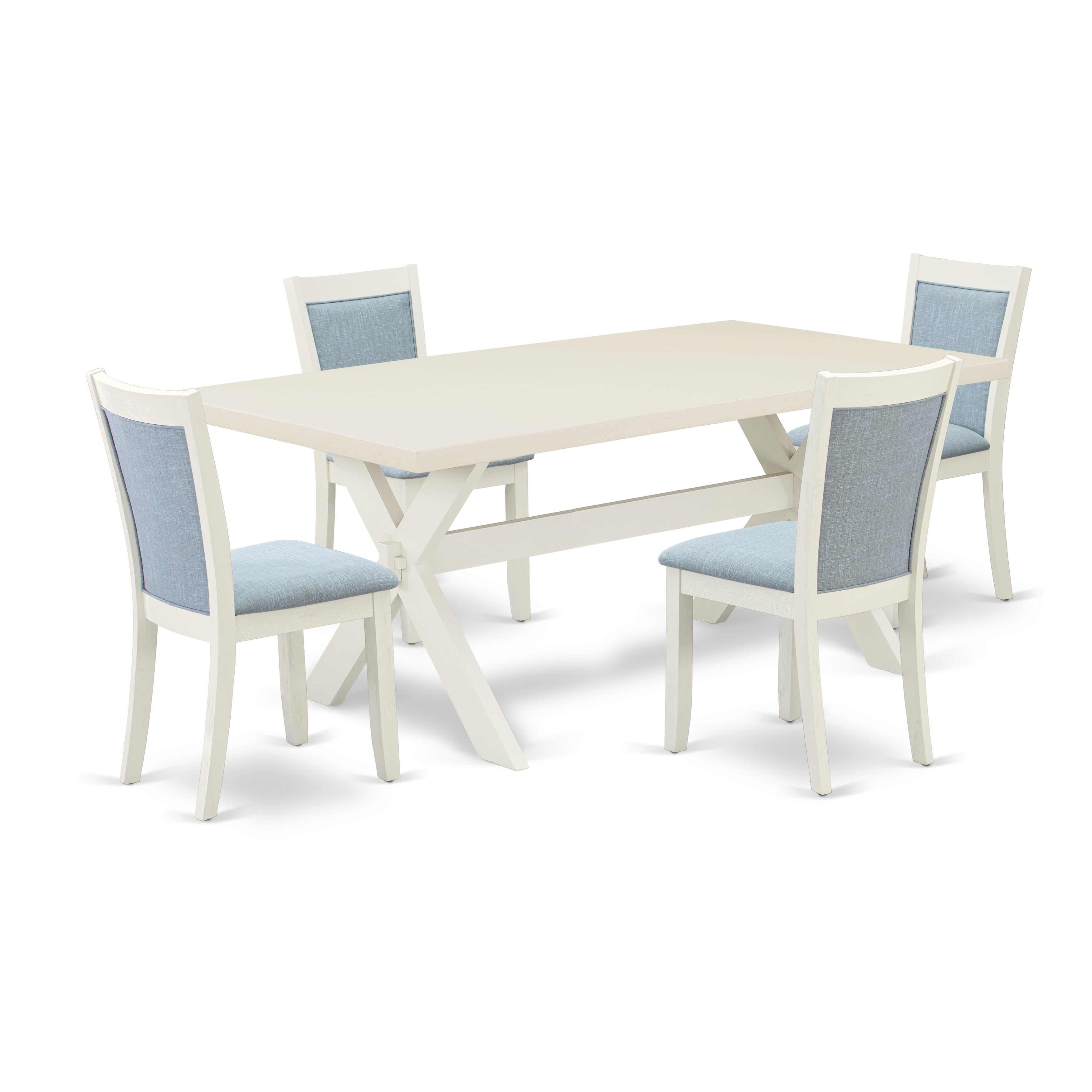 East West Furniture X027MZ015-5 5-Pc Dinette Set Includes a Dining Room Table and 4 Baby Blue Linen Fabric Parsons Chairs with Stylish Back - Wire Brushed linen white Finish
