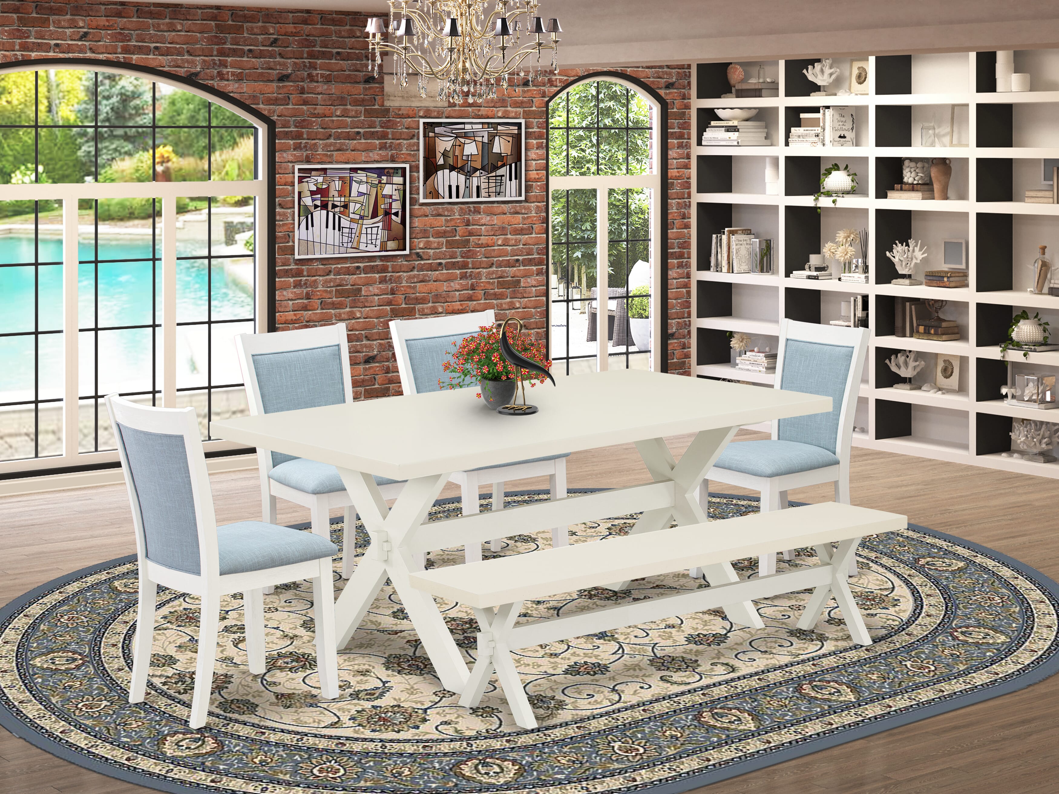East West Furniture X027MZ015-6 6-Pc Dinette Set Includes a Kitchen Table - 4 Baby Blue Linen Fabric Parson Chairs with Stylish Back and a Dining Bench - Wire Brushed linen white Finish