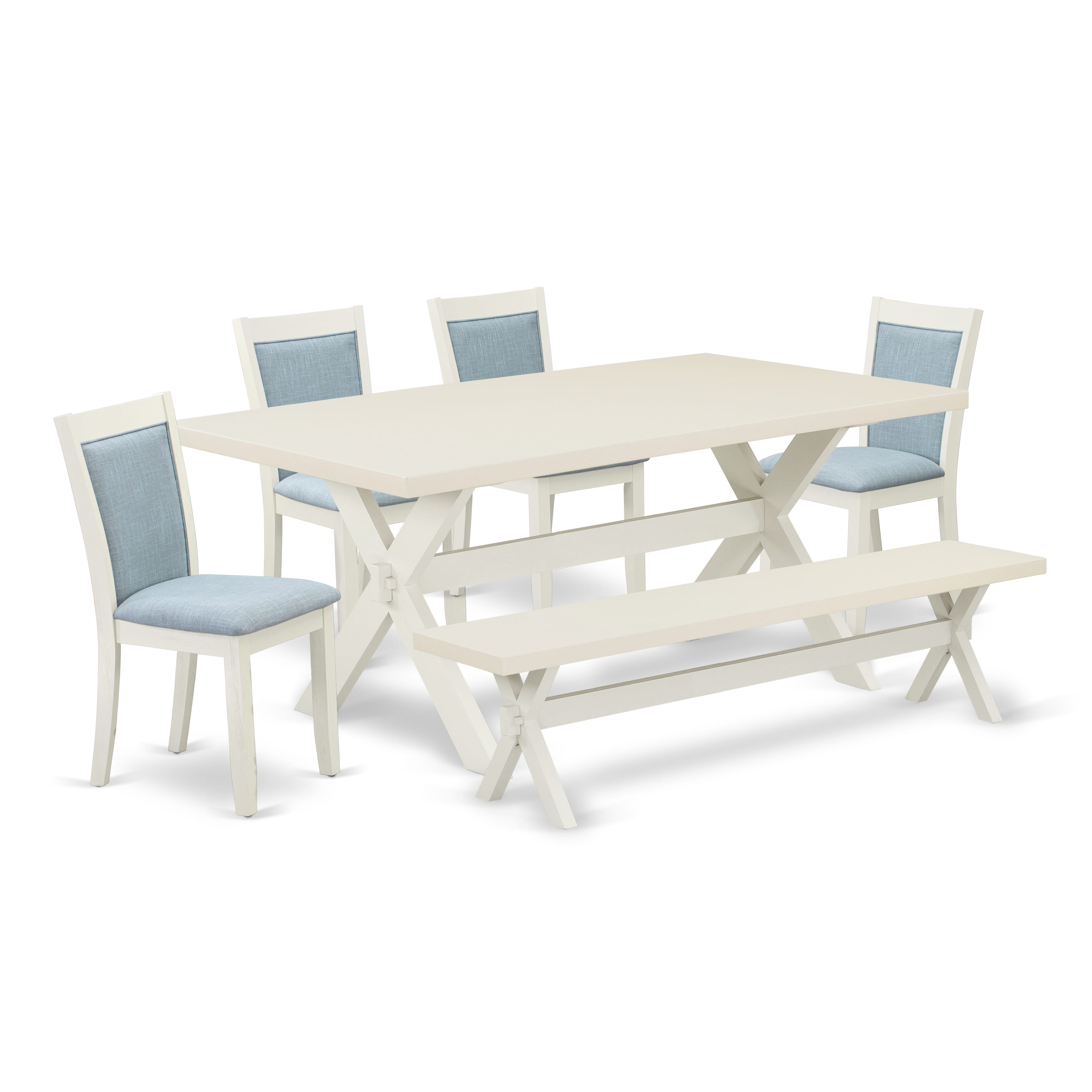 East West Furniture X027MZ015-6 6-Pc Dinette Set Includes a Kitchen Table - 4 Baby Blue Linen Fabric Parson Chairs with Stylish Back and a Dining Bench - Wire Brushed linen white Finish
